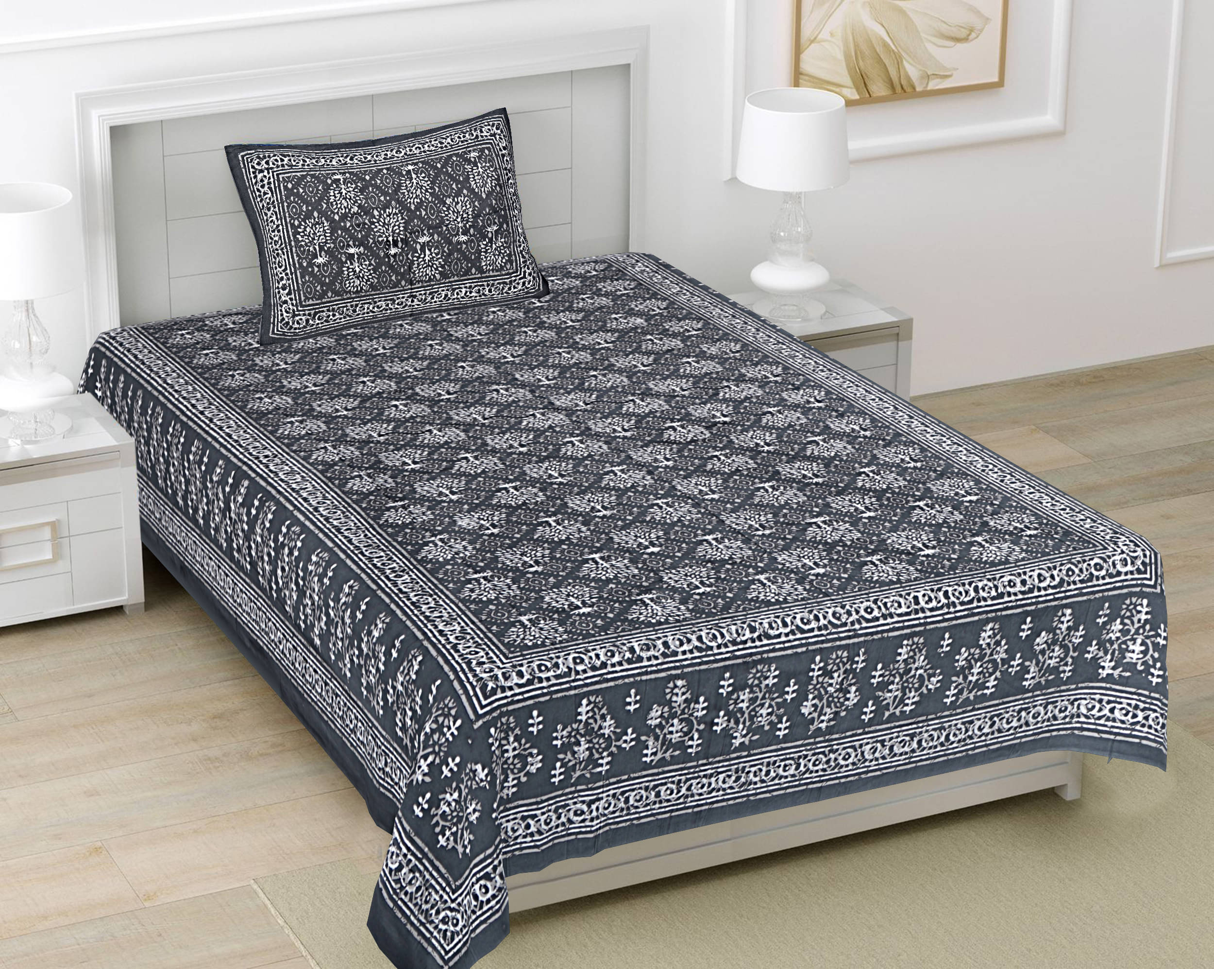     			FrionKandy Living Cotton 1 Single Bedsheet with 1 Pillow Cover ( Grey )