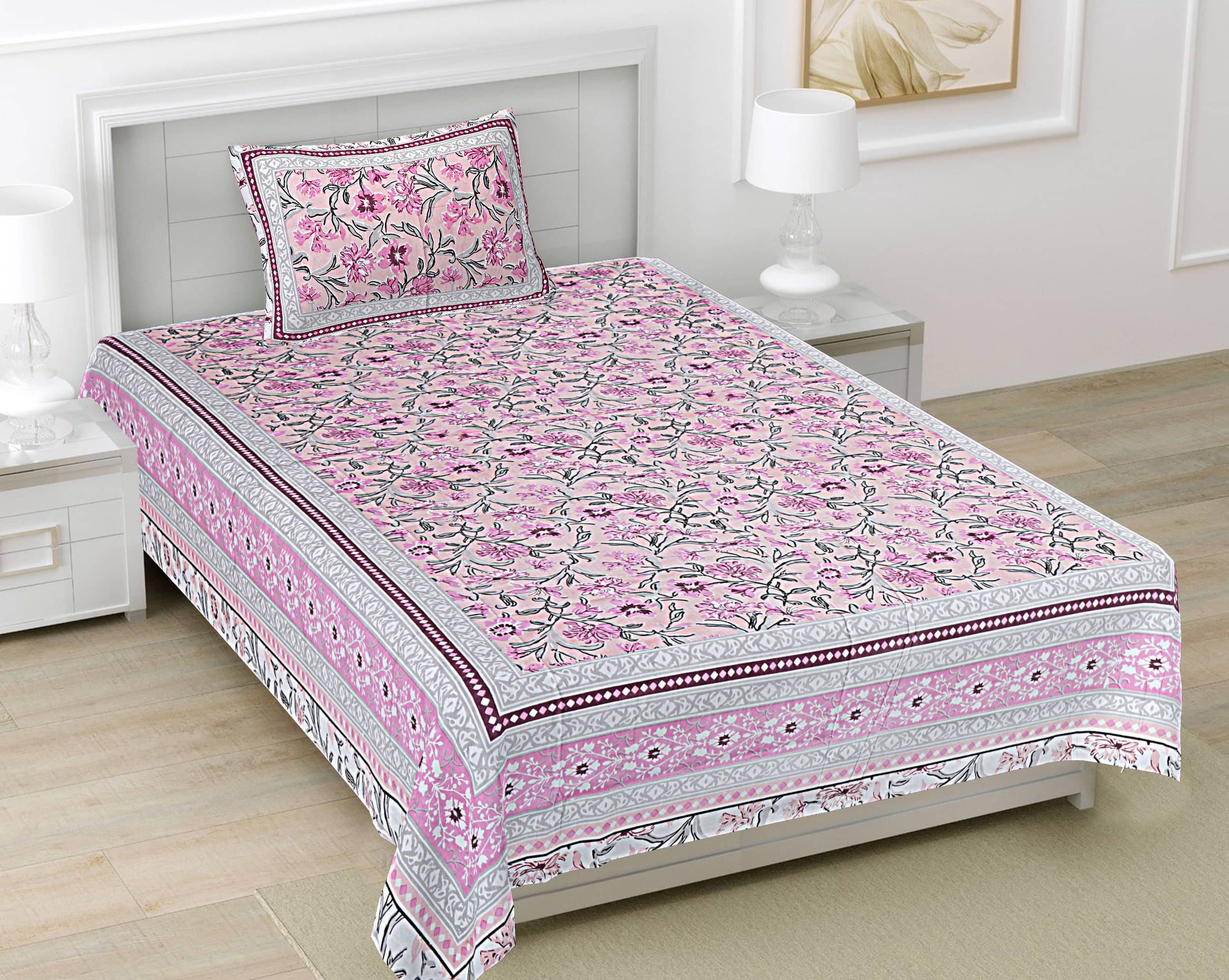     			FrionKandy Living Cotton 1 Single Bedsheet with 1 Pillow Cover ( Pink )