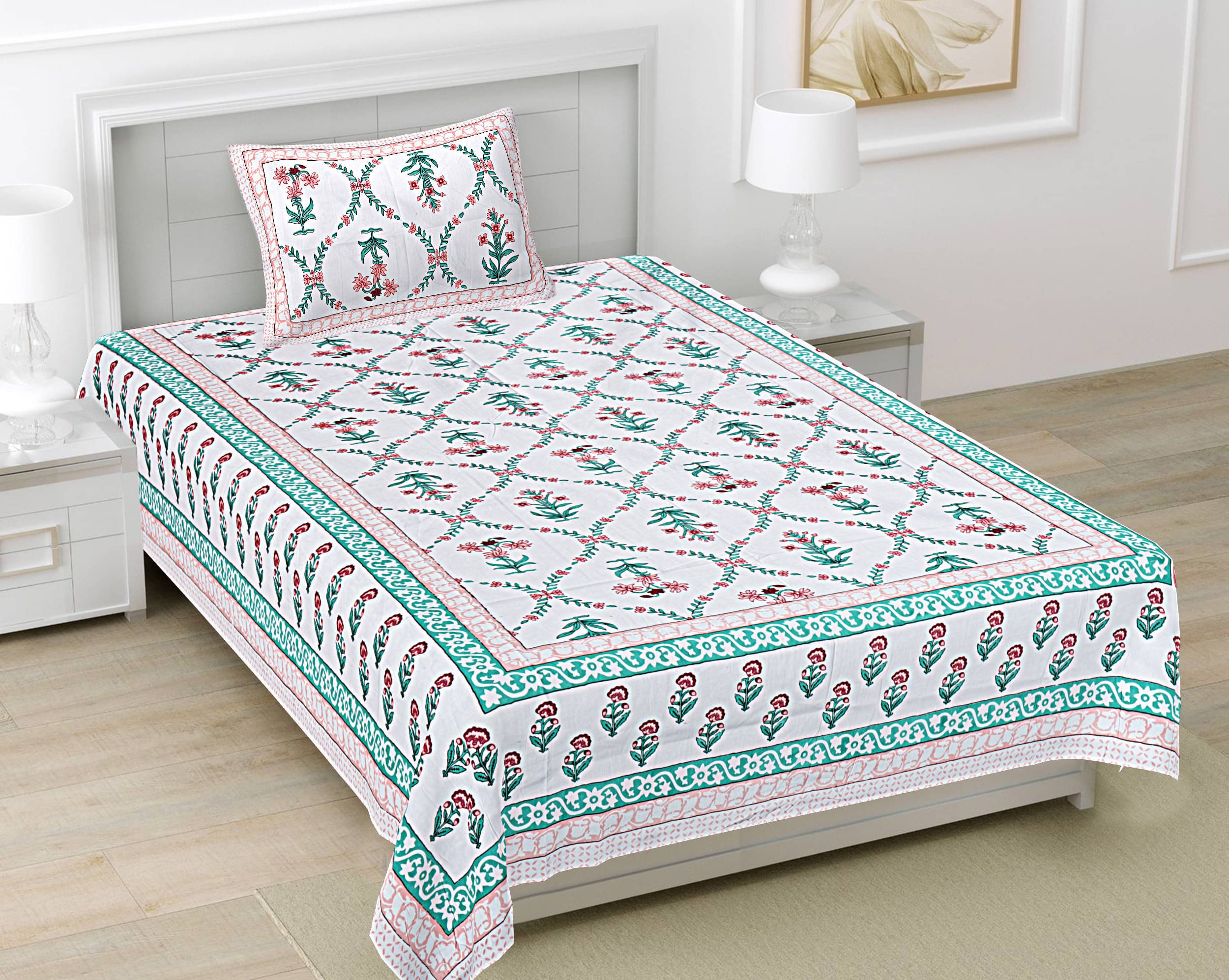 FrionKandy Living Cotton 1 Single Bedsheet with 1 Pillow Cover ( Turquoise ) FrionKandy Living Cotton 1 Single Bedsheet with 1 Pillow Cover ( Turquoise )