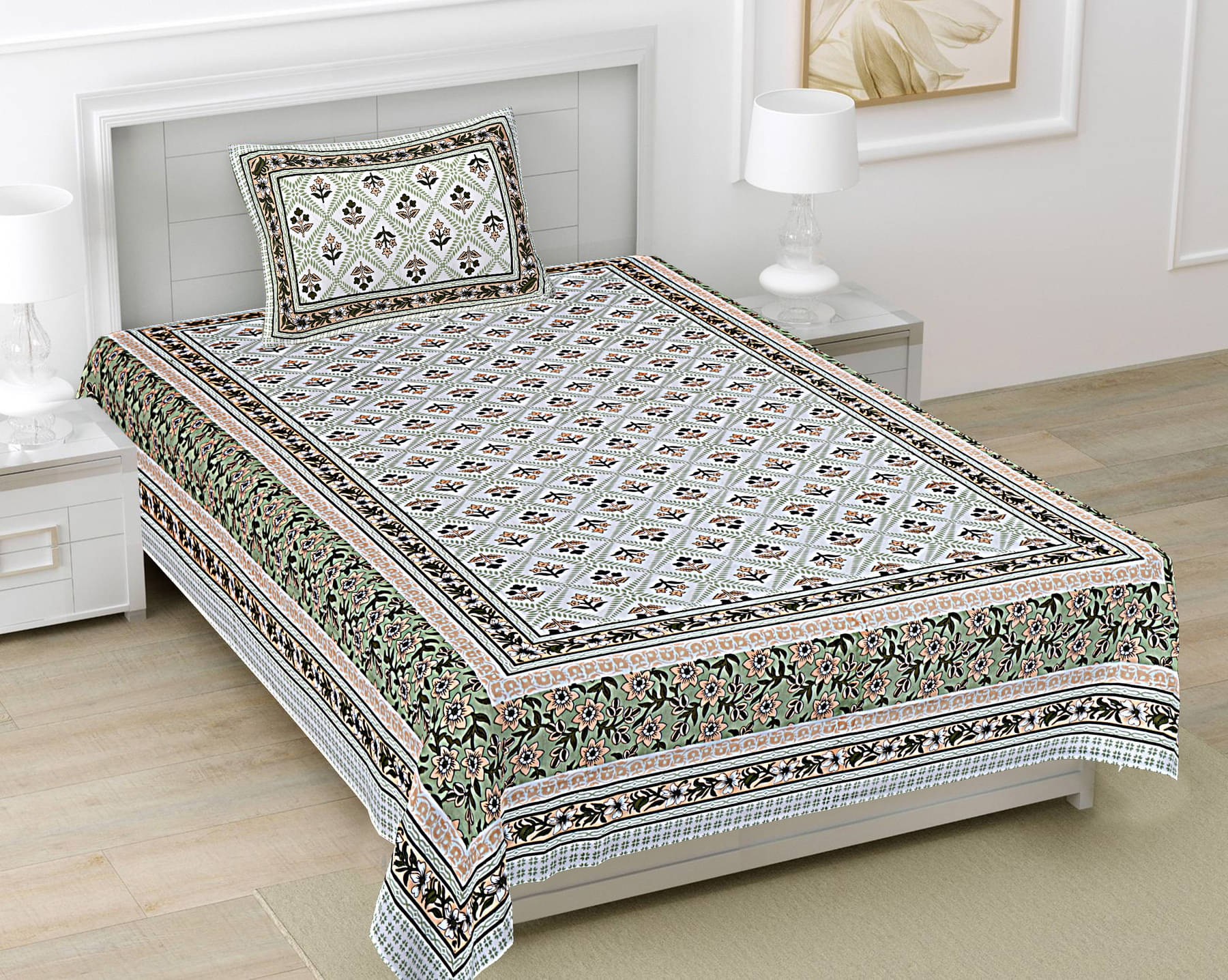 FrionKandy Living Cotton 1 Single Bedsheet with 1 Pillow Cover ( Green ) FrionKandy Living Cotton 1 Single Bedsheet with 1 Pillow Cover ( Green )