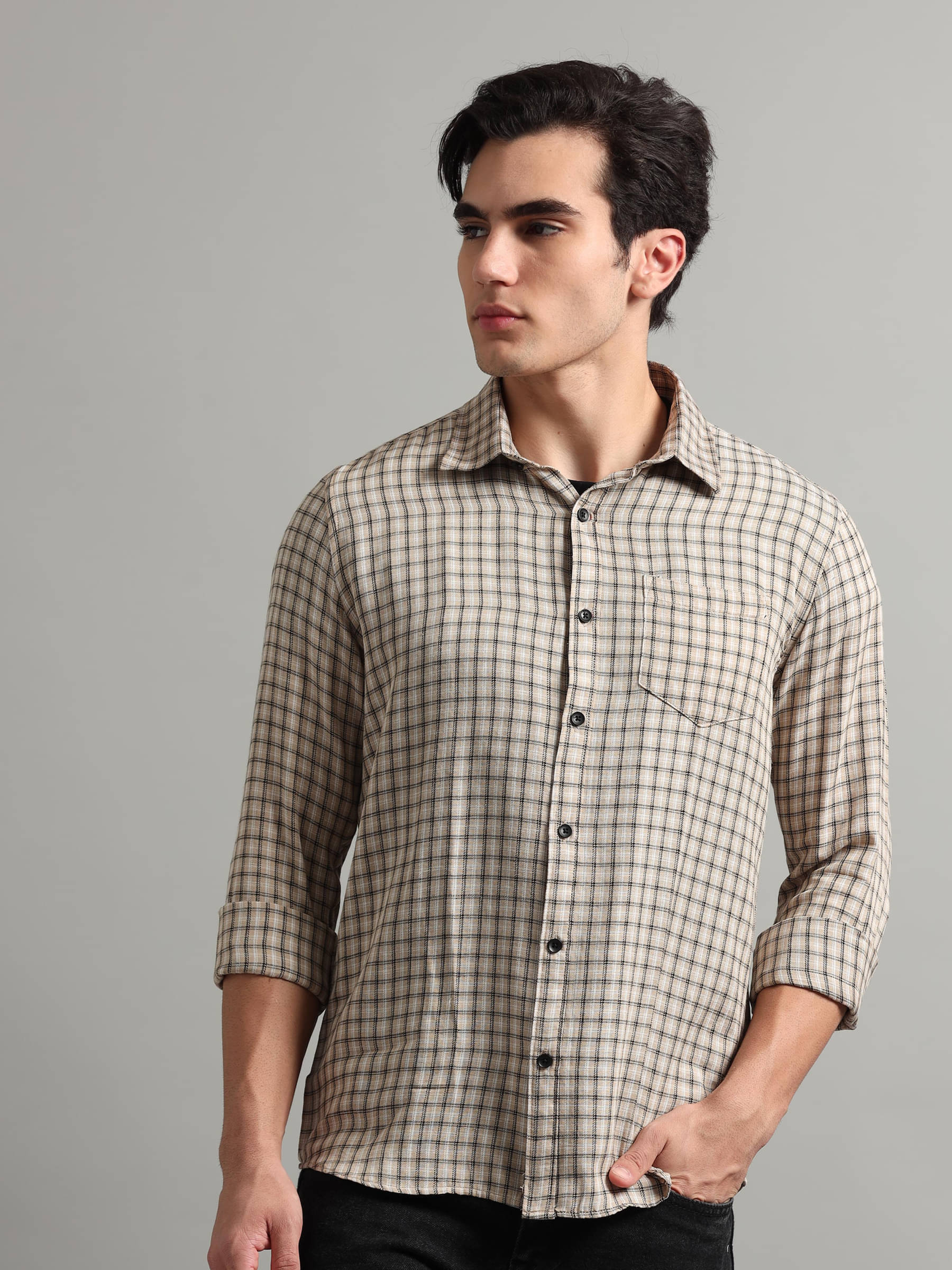     			HETIERS Cotton Blend Regular Fit Checks Full Sleeves Men's Casual Shirt - Beige ( Pack of 1 )