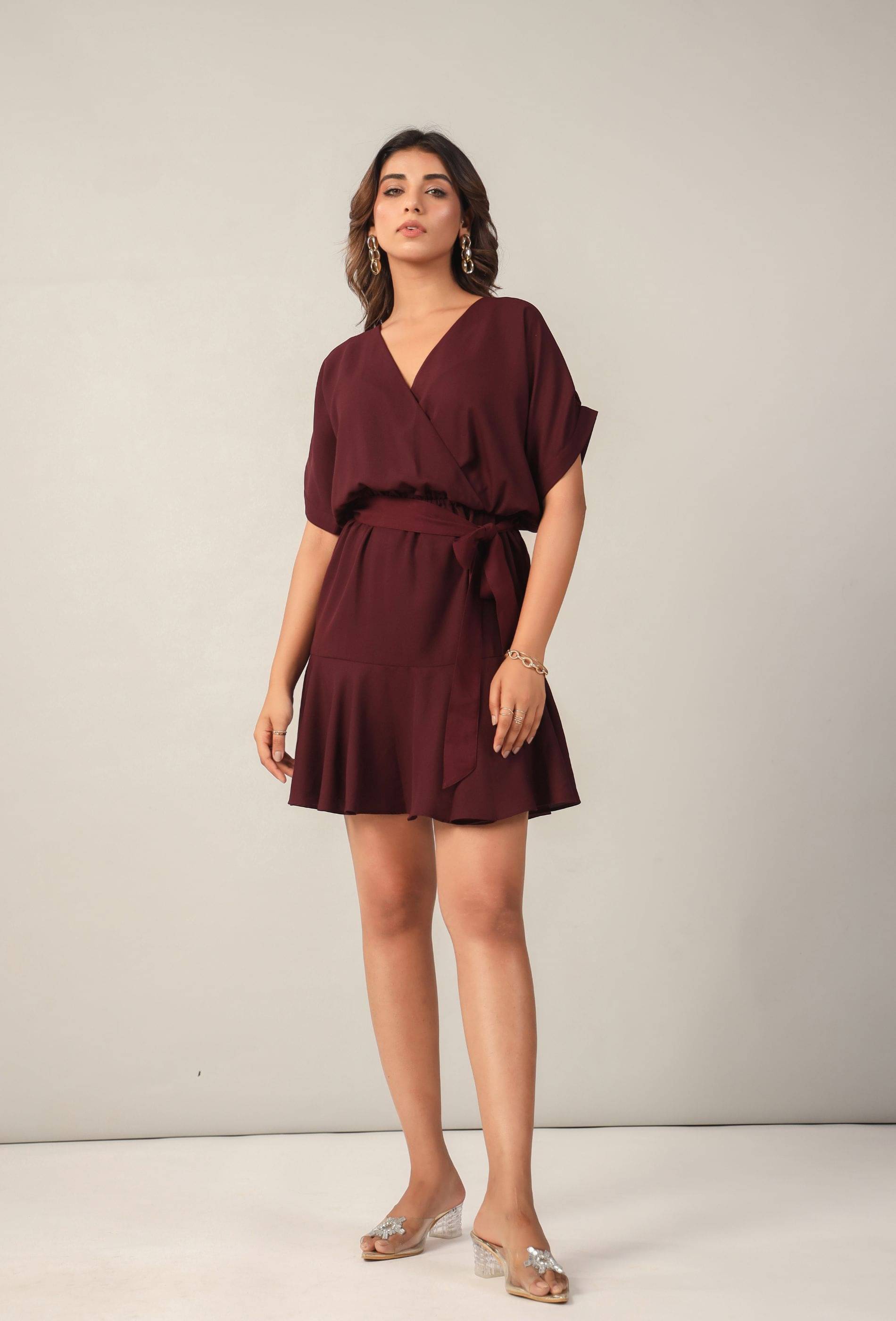 June 9 Clothing Women Polyester Solid Wrap Dress ( Maroon ) June 9 Clothing Women Polyester Solid Wrap Dress ( Maroon )