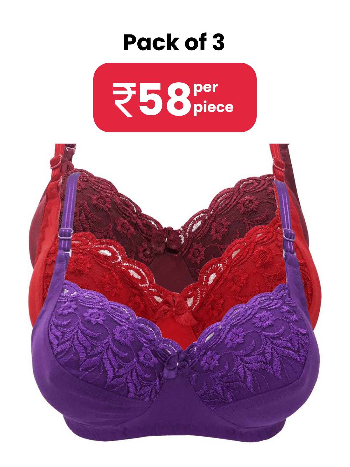 Kiran Enterprises Pack of 3 Cotton Women's Minimizer Bra ( Red )