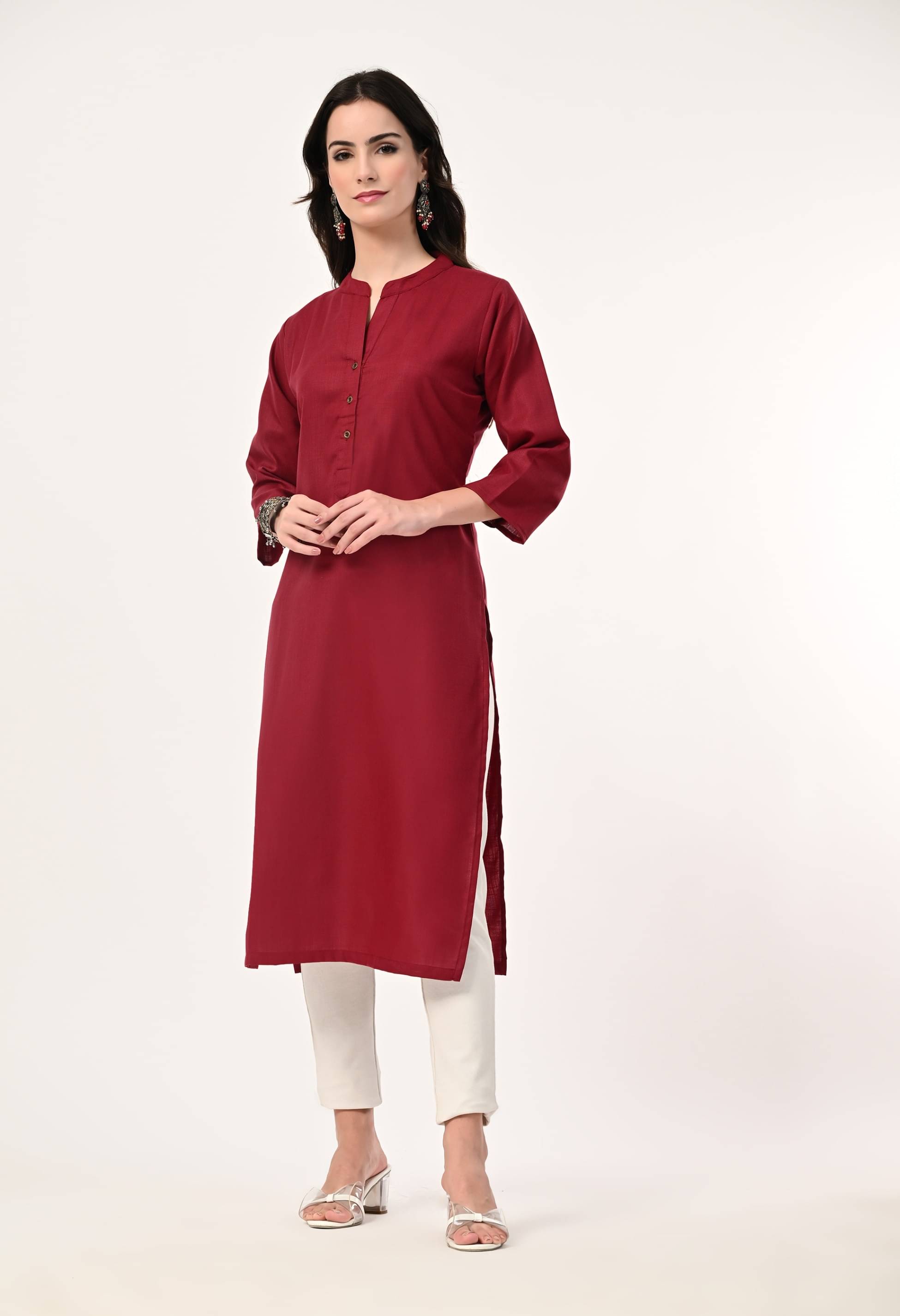 MAURYA Cotton Blend Solid Straight Women's Kurti - Maroon ( Pack of 1 ) MAURYA Cotton Blend Solid Straight Women's Kurti - Maroon ( Pack of 1 )