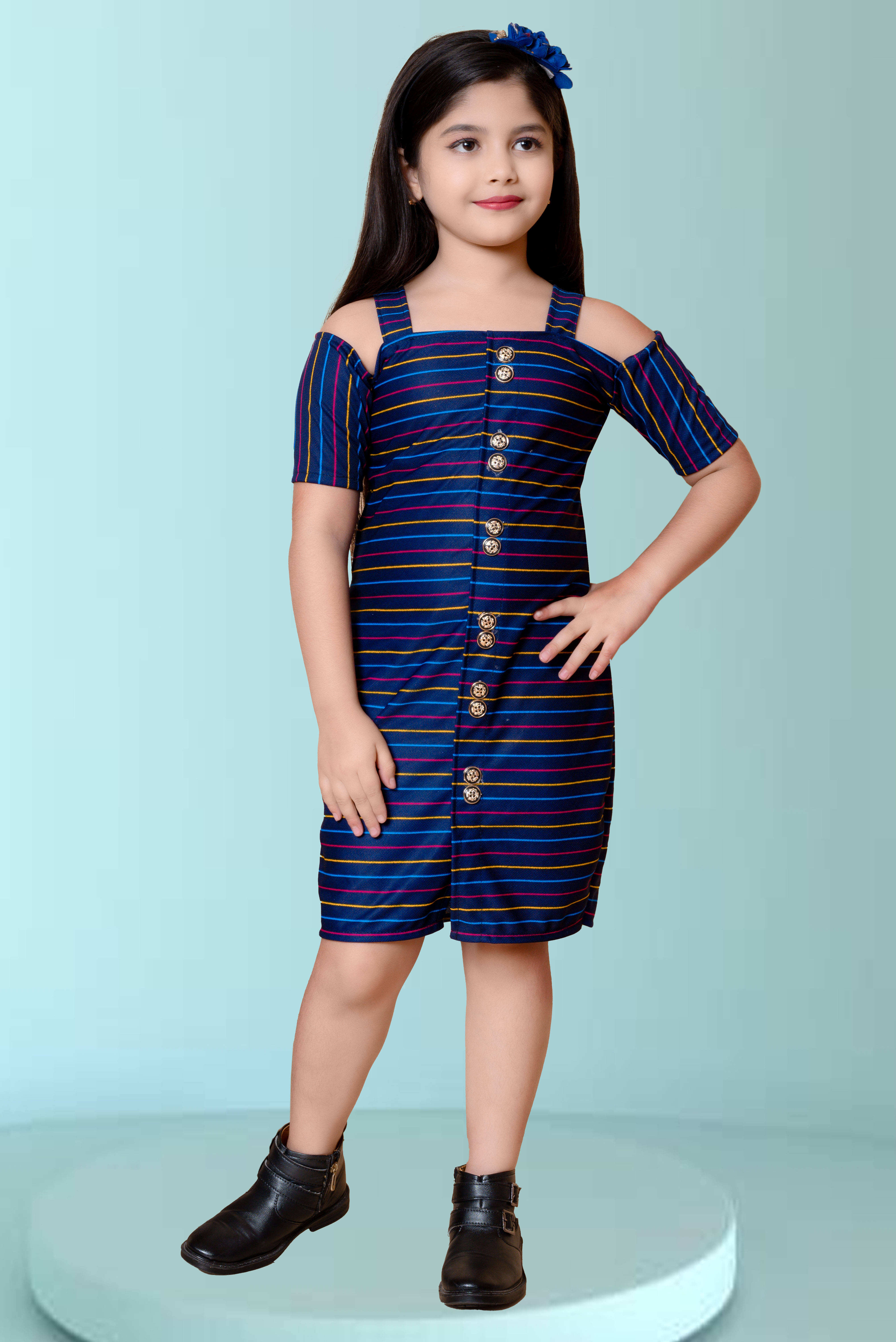     			MAXZEN Cotton Blend Shirt Dress For Girls ( Pack of 1 , Blue )