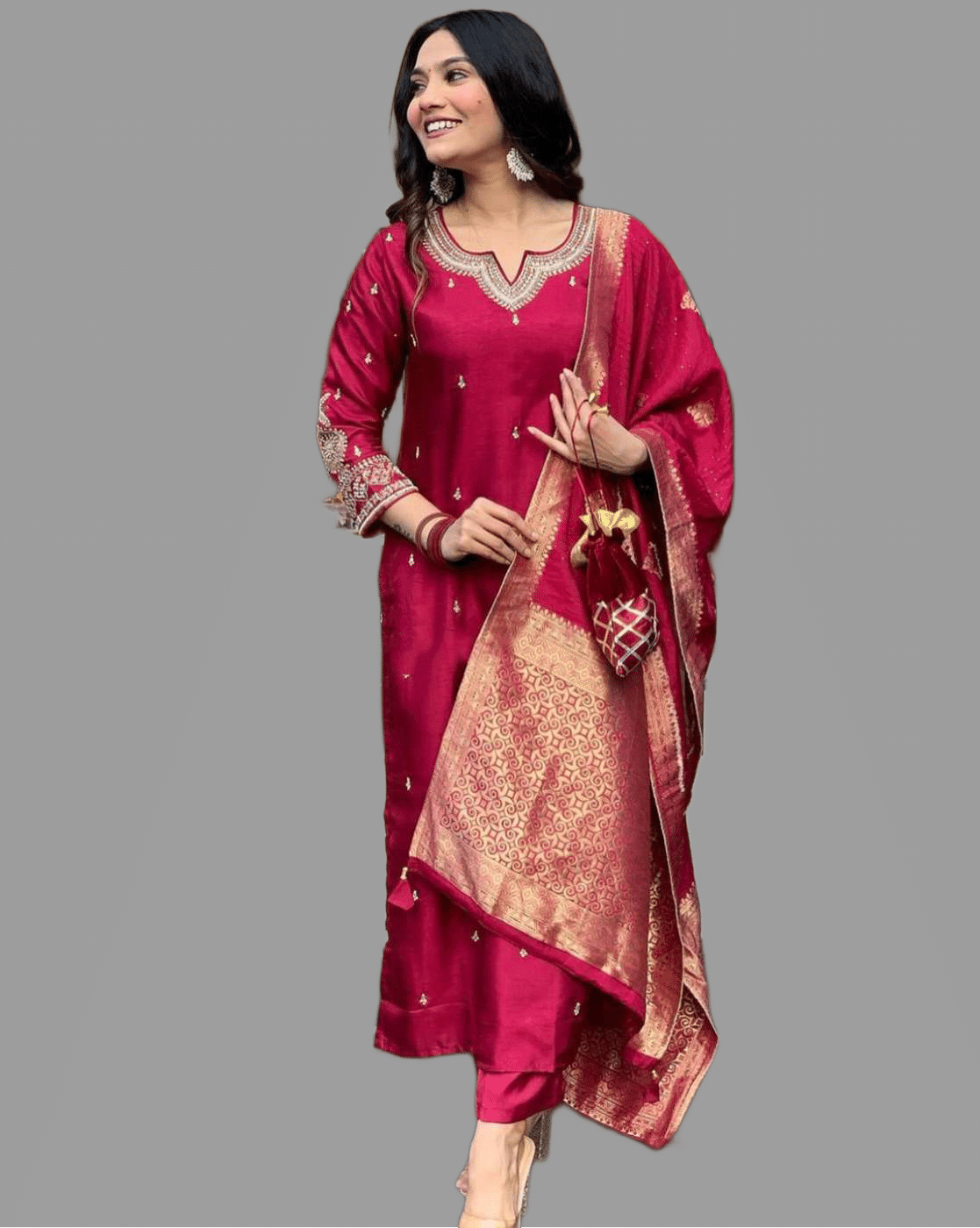    			MEHZEEL FAB Silk Blend Embroidered Kurti With Pants Women's Stitched Salwar Suit - Maroon ( Pack of 1 )