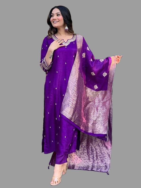 MEHZEEL FAB Silk Blend Embroidered Kurti With Pants Women's Stitched Salwar Suit - Purple ( Pack of 1 )     			MEHZEEL FAB Silk Blend Embroidered Kurti With Pants Women's Stitched Salwar Suit - Purple ( Pack of 1 )
