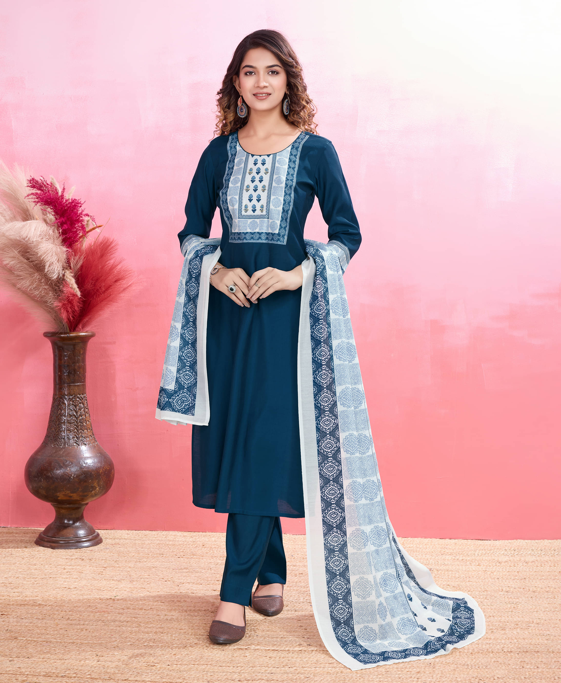     			MOJILAA Silk Blend Embellished Kurti With Pants Women's Stitched Salwar Suit - Blue ( Pack of 1 )