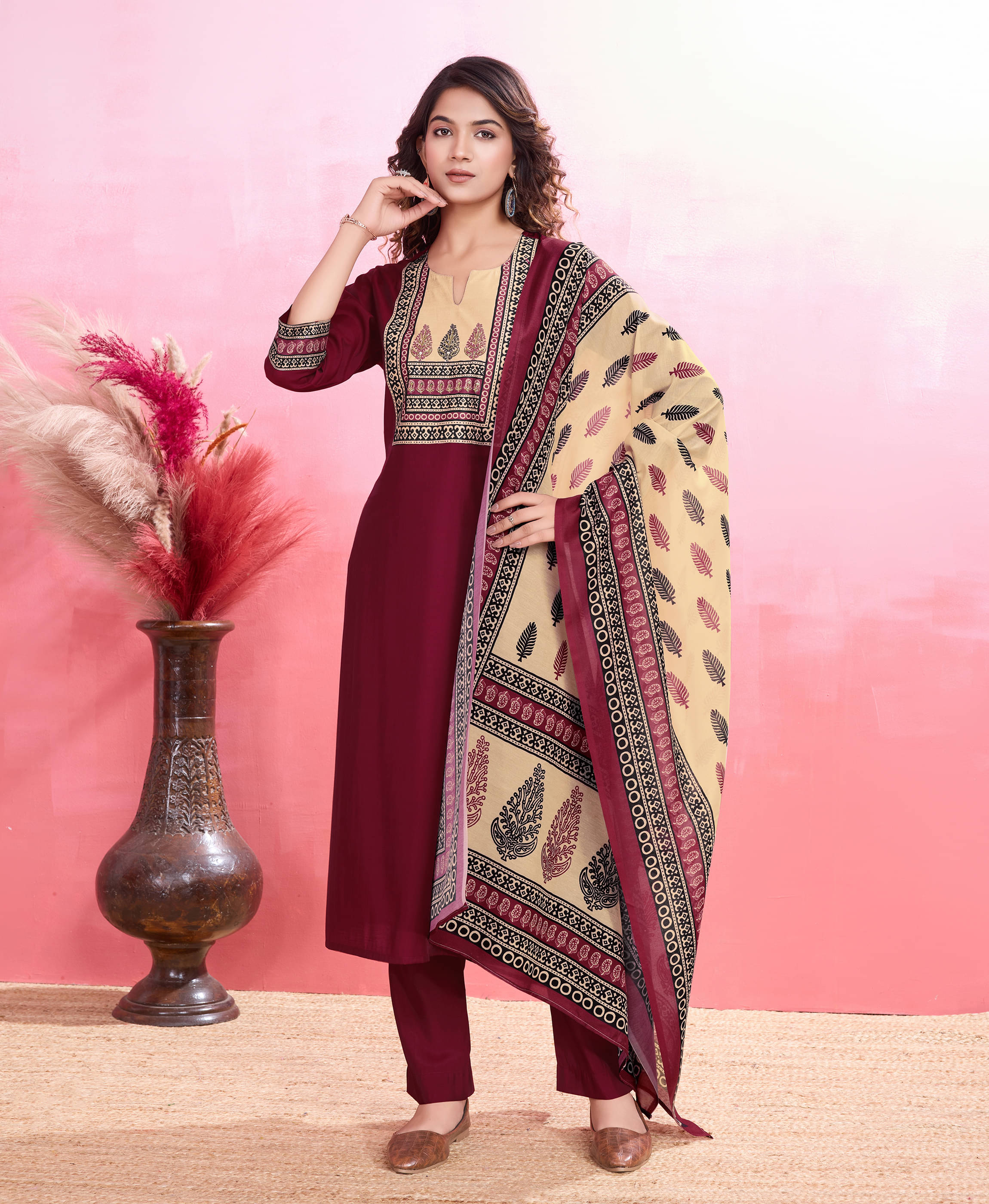    			MOJILAA Silk Blend Embellished Kurti With Pants Women's Stitched Salwar Suit - Maroon ( Pack of 1 )