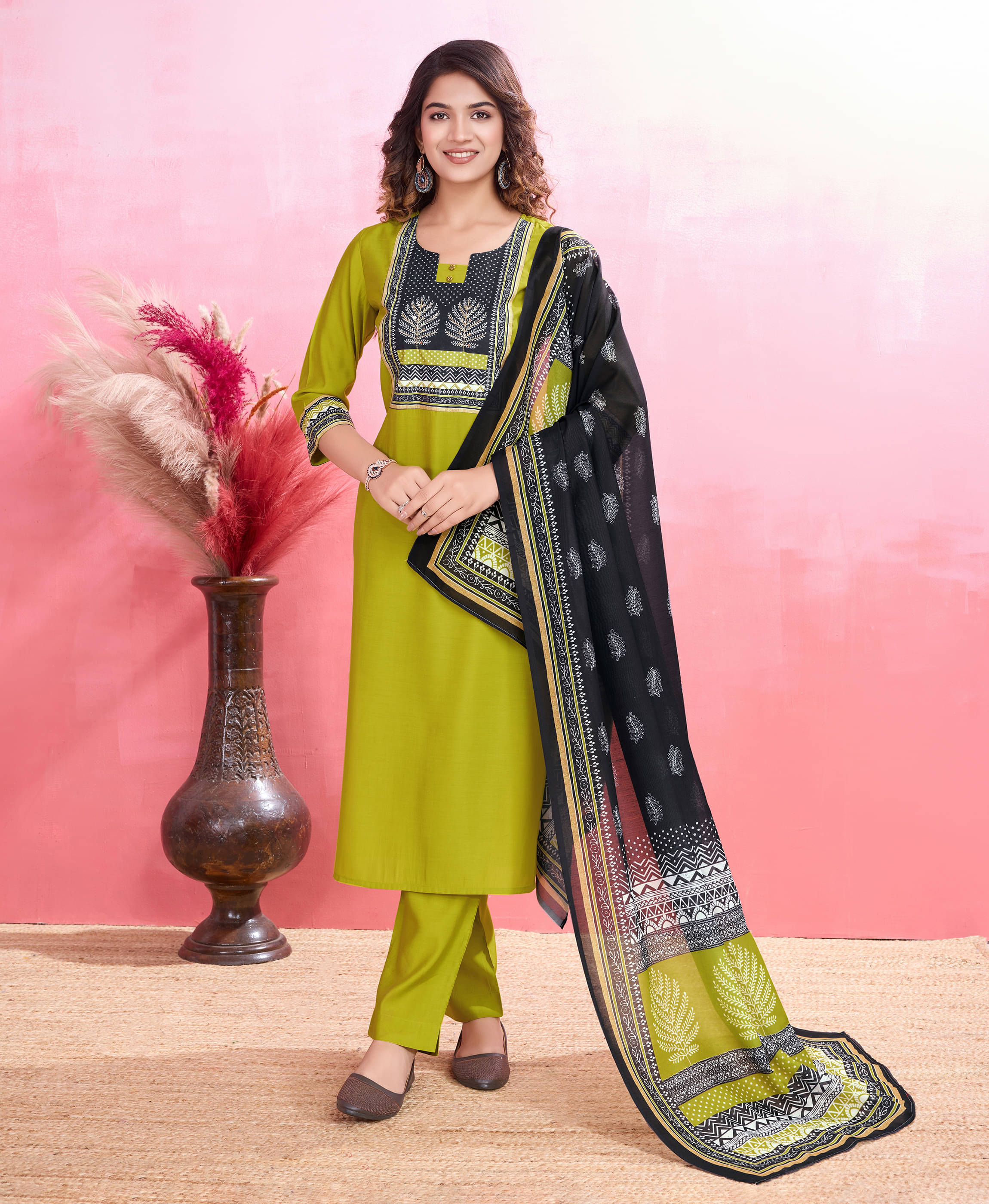 MOJILAA Silk Blend Embellished Kurti With Pants Women's Stitched Salwar Suit - Lime Green ( Pack of 1 ) MOJILAA Silk Blend Embellished Kurti With Pants Women's Stitched Salwar Suit - Lime Green ( Pack of 1 )