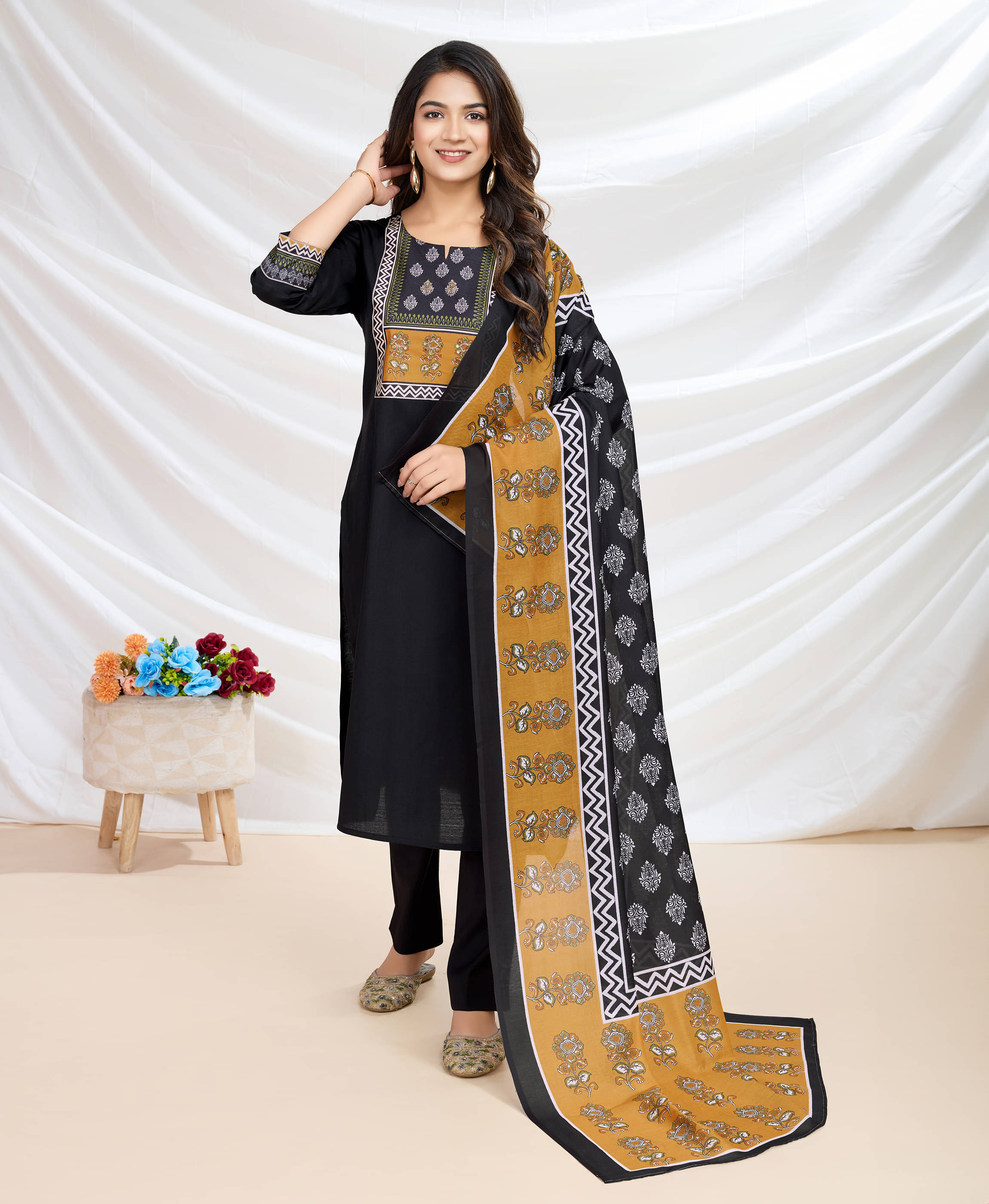     			MOJILAA Silk Blend Embellished Kurti With Pants Women's Stitched Salwar Suit - Black ( Pack of 1 )