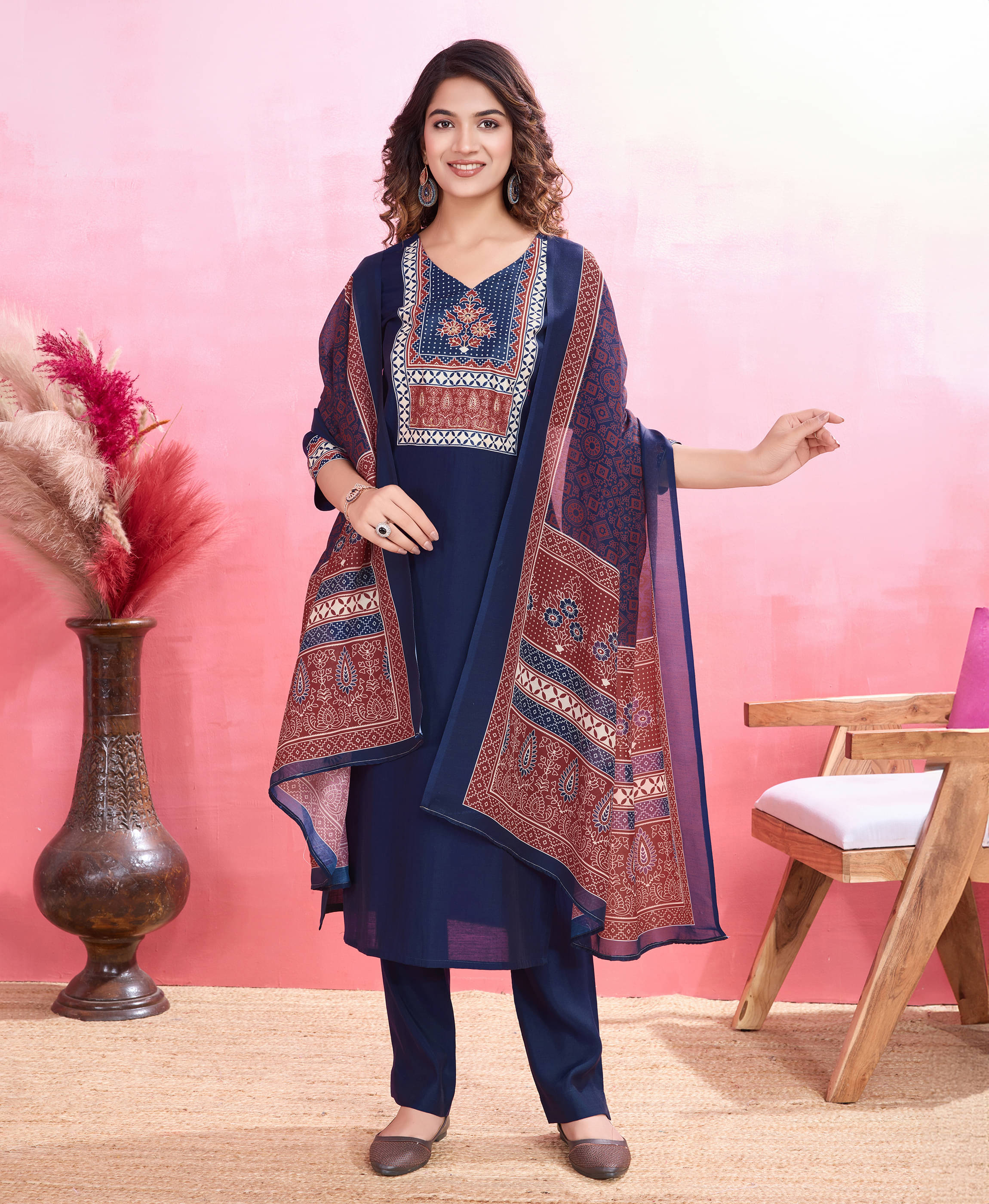 MOJILAA Silk Blend Embellished Kurti With Pants Women's Stitched Salwar Suit - Navy Blue ( Pack of 1 ) MOJILAA Silk Blend Embellished Kurti With Pants Women's Stitched Salwar Suit - Navy Blue ( Pack of 1 )