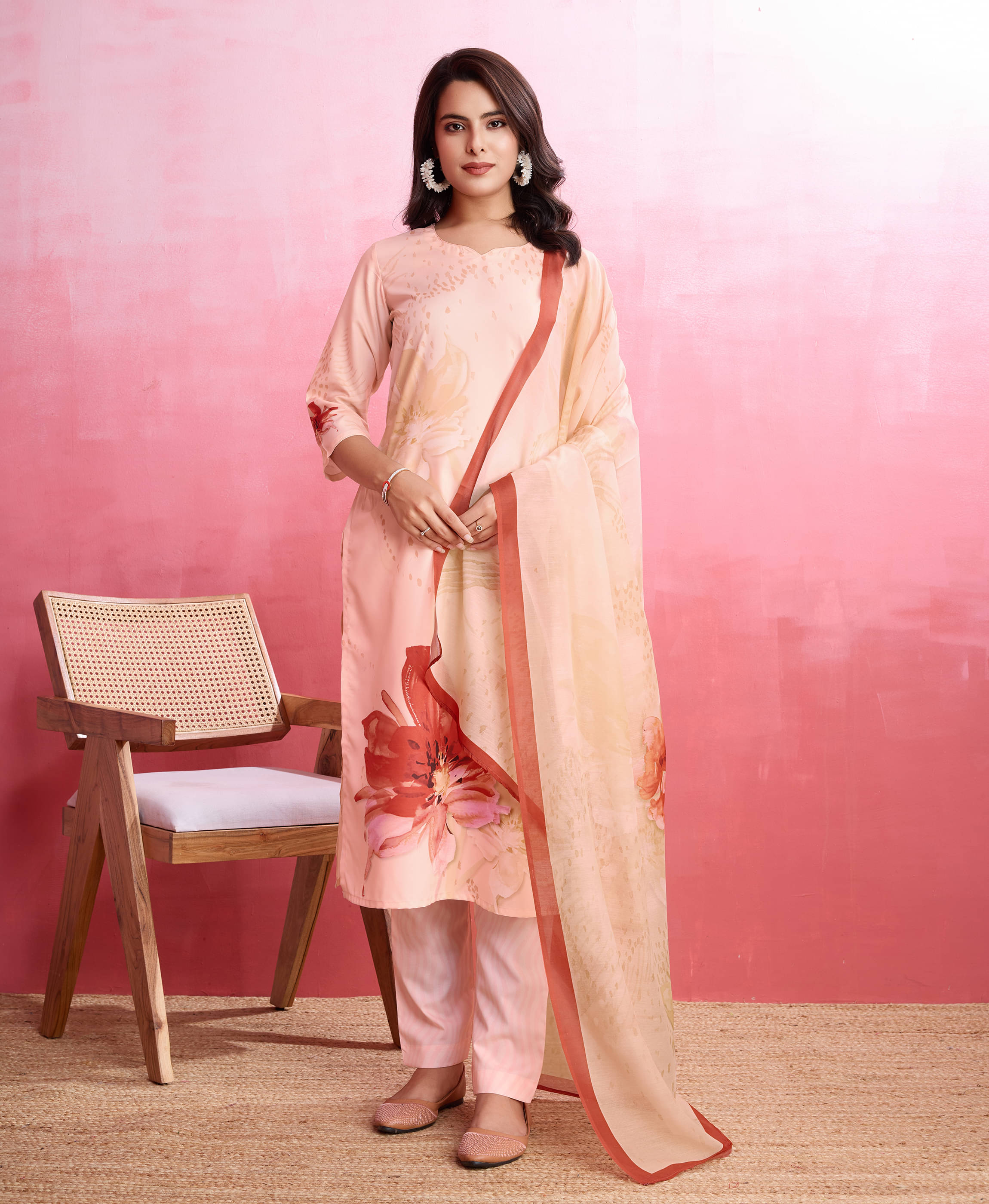 MOJILAA Silk Blend Printed Kurti With Pants Women's Stitched Salwar Suit - Peach ( Pack of 1 ) MOJILAA Silk Blend Printed Kurti With Pants Women's Stitched Salwar Suit - Peach ( Pack of 1 )