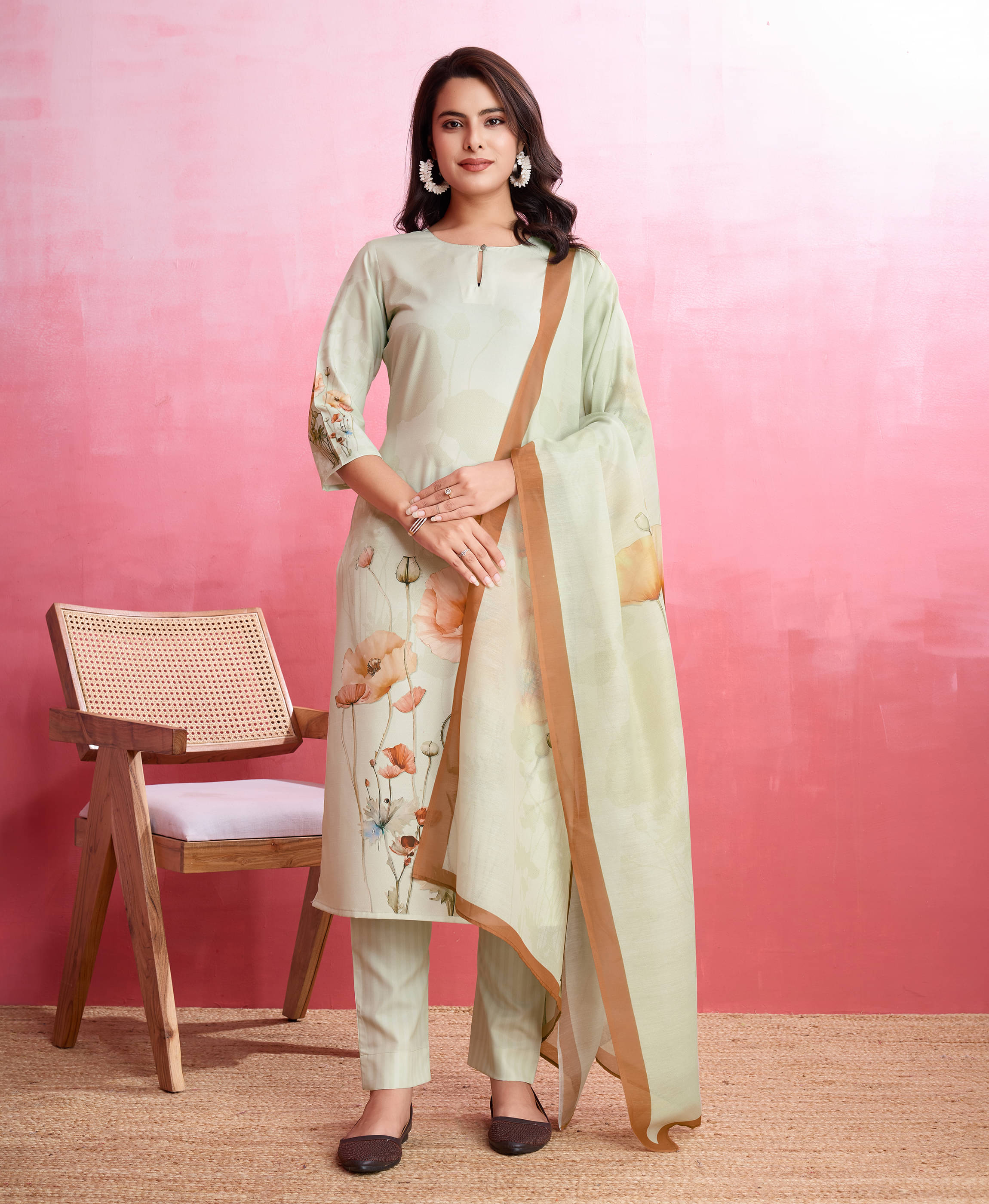     			MOJILAA Silk Blend Printed Kurti With Pants Women's Stitched Salwar Suit - Green ( Pack of 1 )