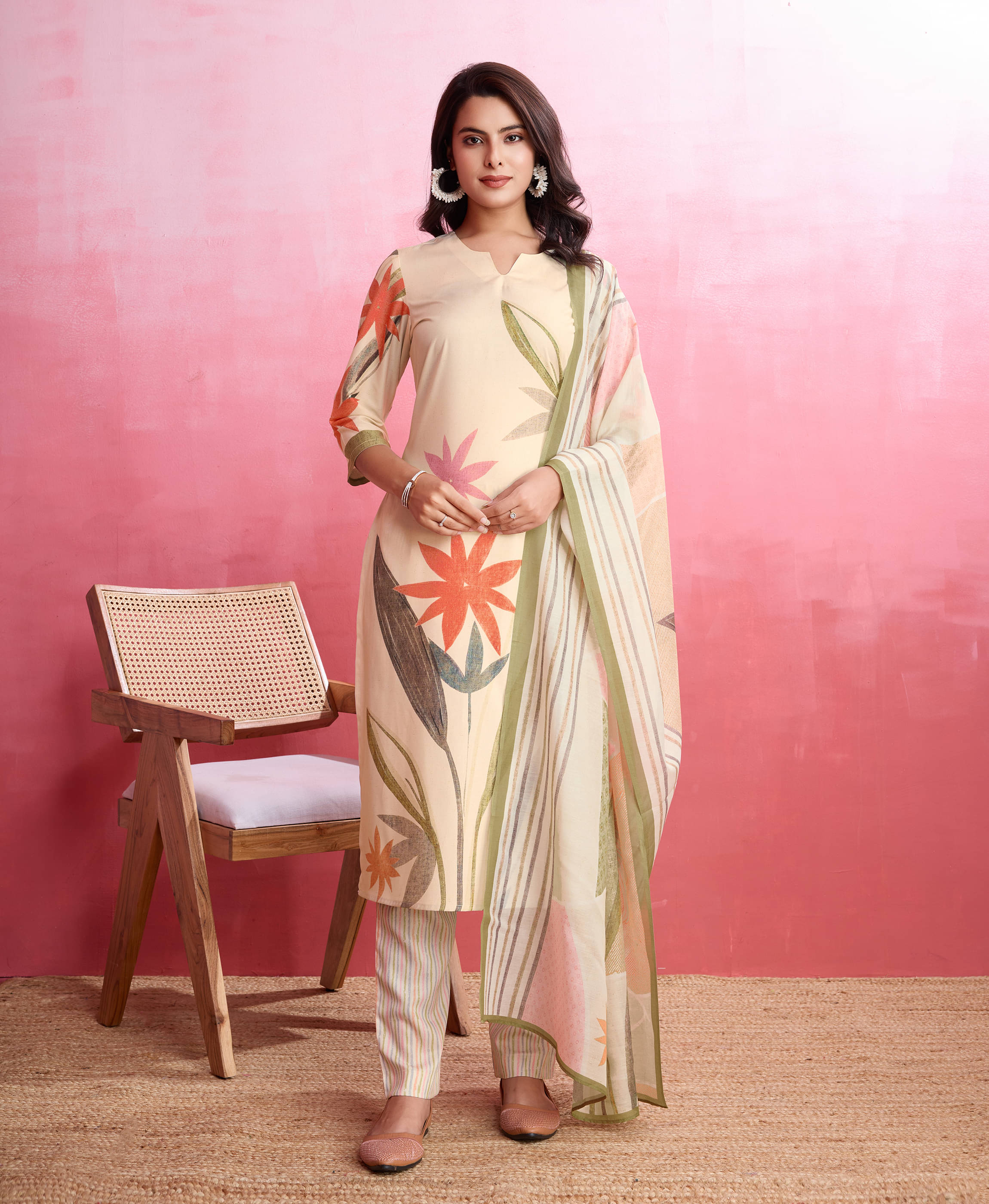     			MOJILAA Silk Blend Printed Kurti With Pants Women's Stitched Salwar Suit - Beige ( Pack of 1 )