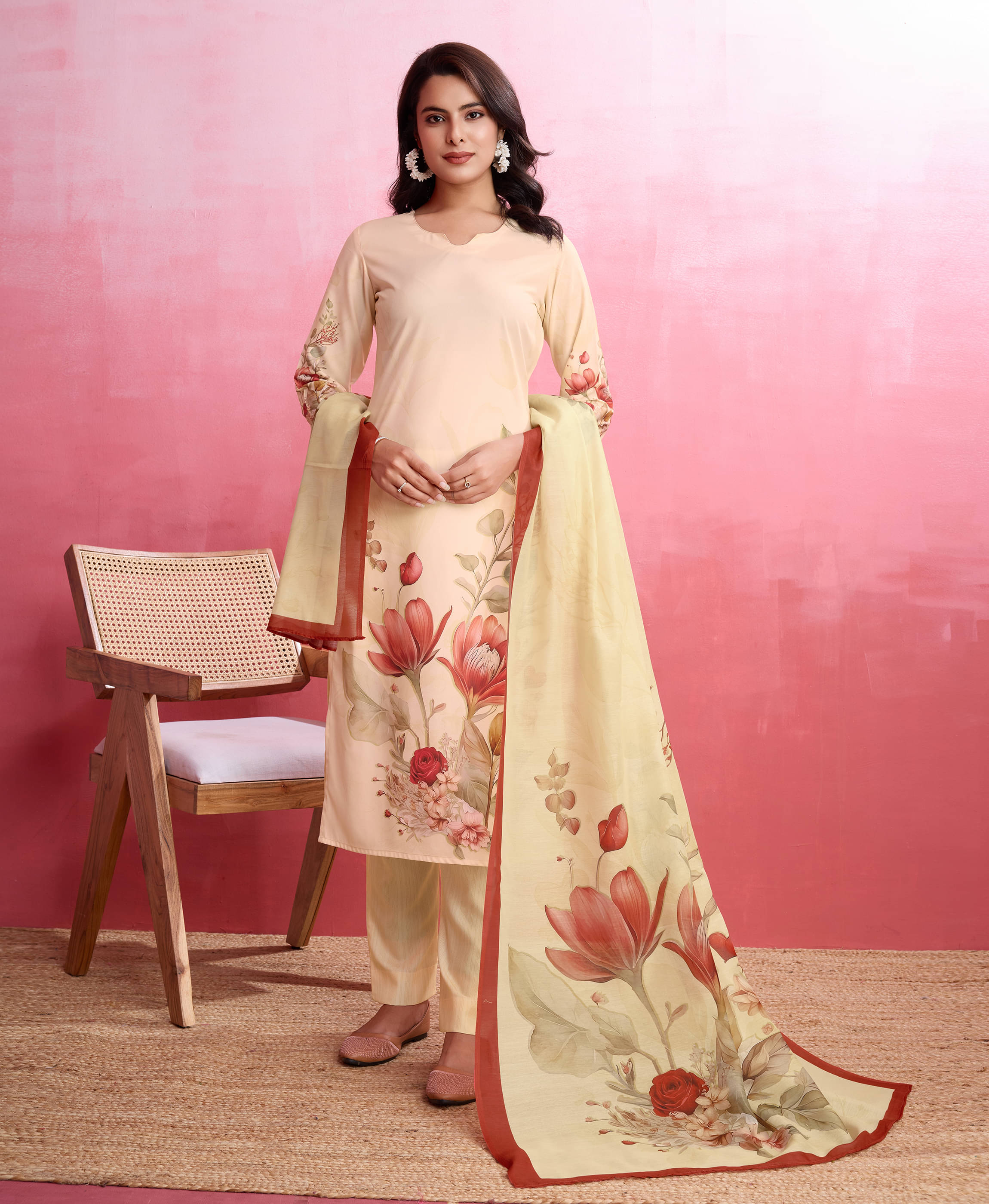     			MOJILAA Silk Blend Printed Kurti With Pants Women's Stitched Salwar Suit - Beige ( Pack of 1 )