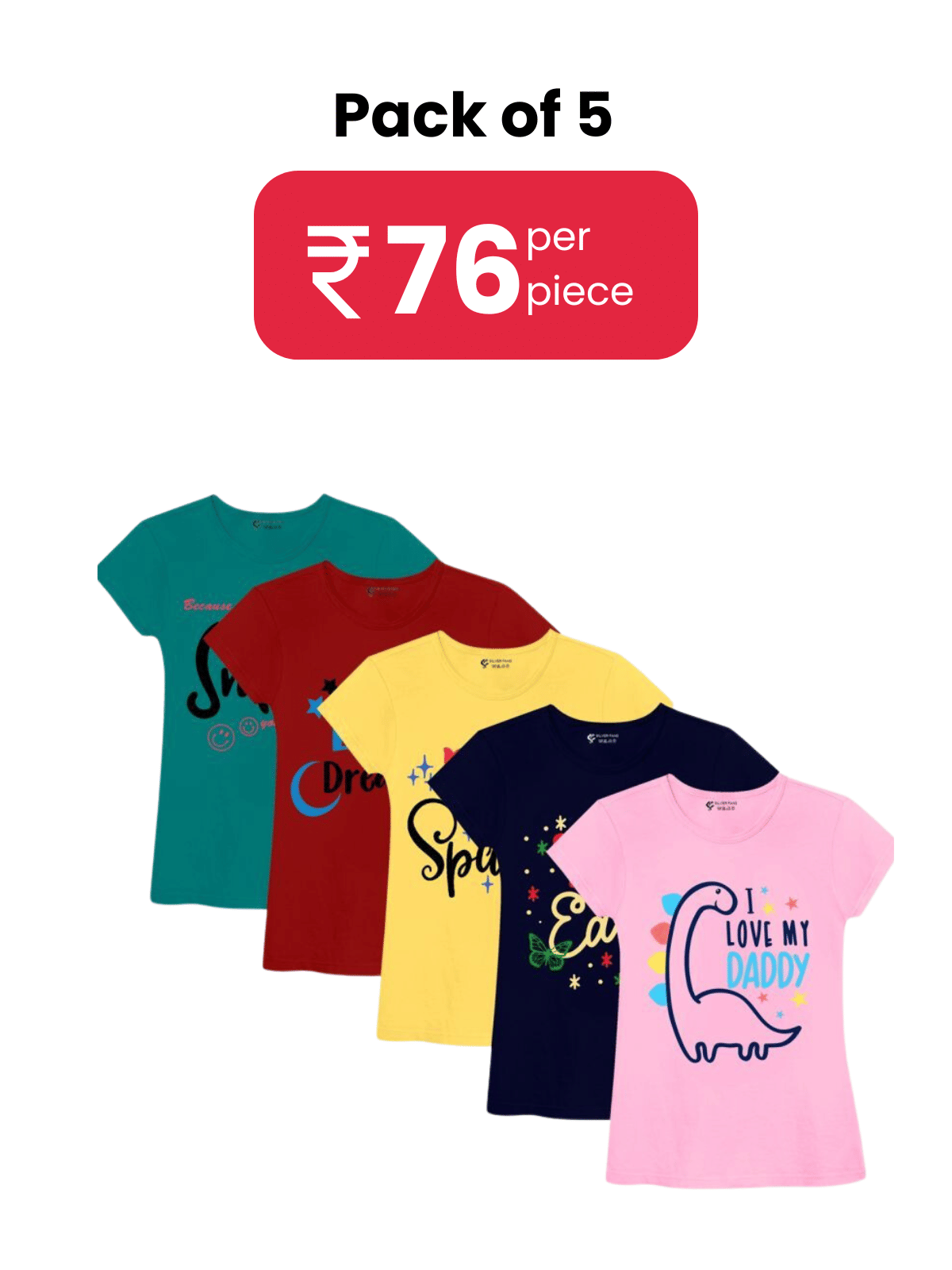 SILVER FANG Pack of 5 Girls Cotton T-Shirt ( Multi )