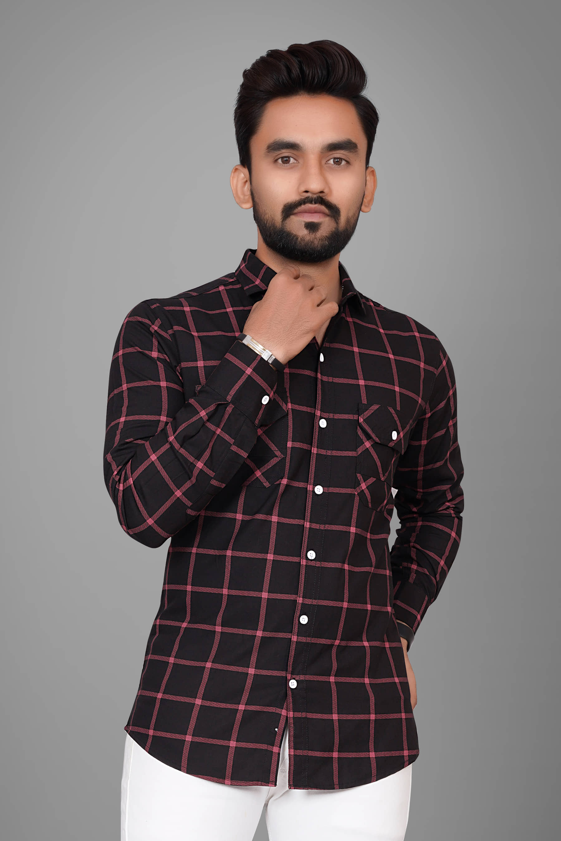 SUR-T Cotton Blend Regular Fit Checks Full Sleeves Men's Casual Shirt - Black ( Pack of 1 )