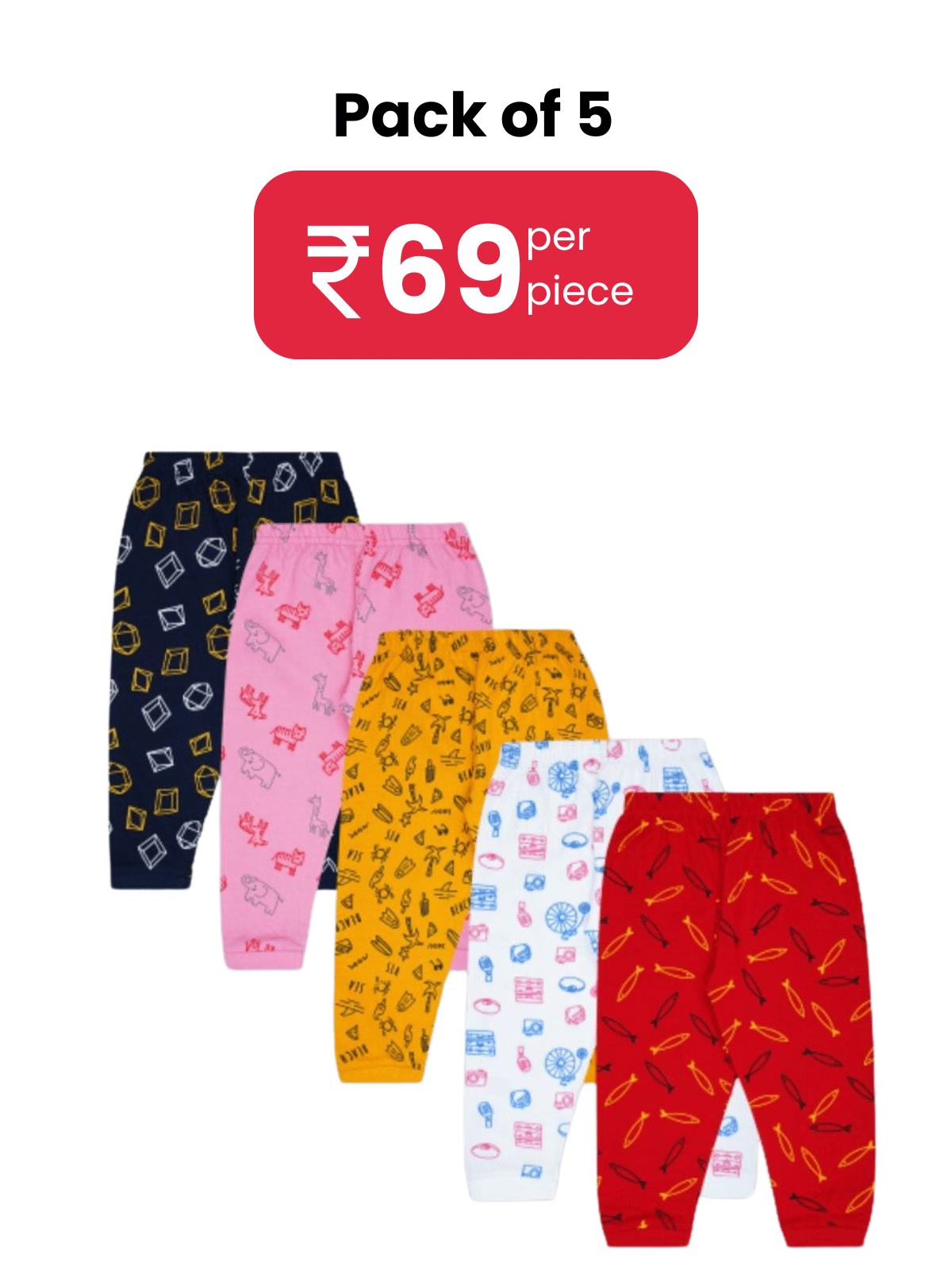 Santee Pack of 5 Unisex for Baby Cotton Pyjama ( Multicolor ) - Track Pants | Buy online on ZillyBuy