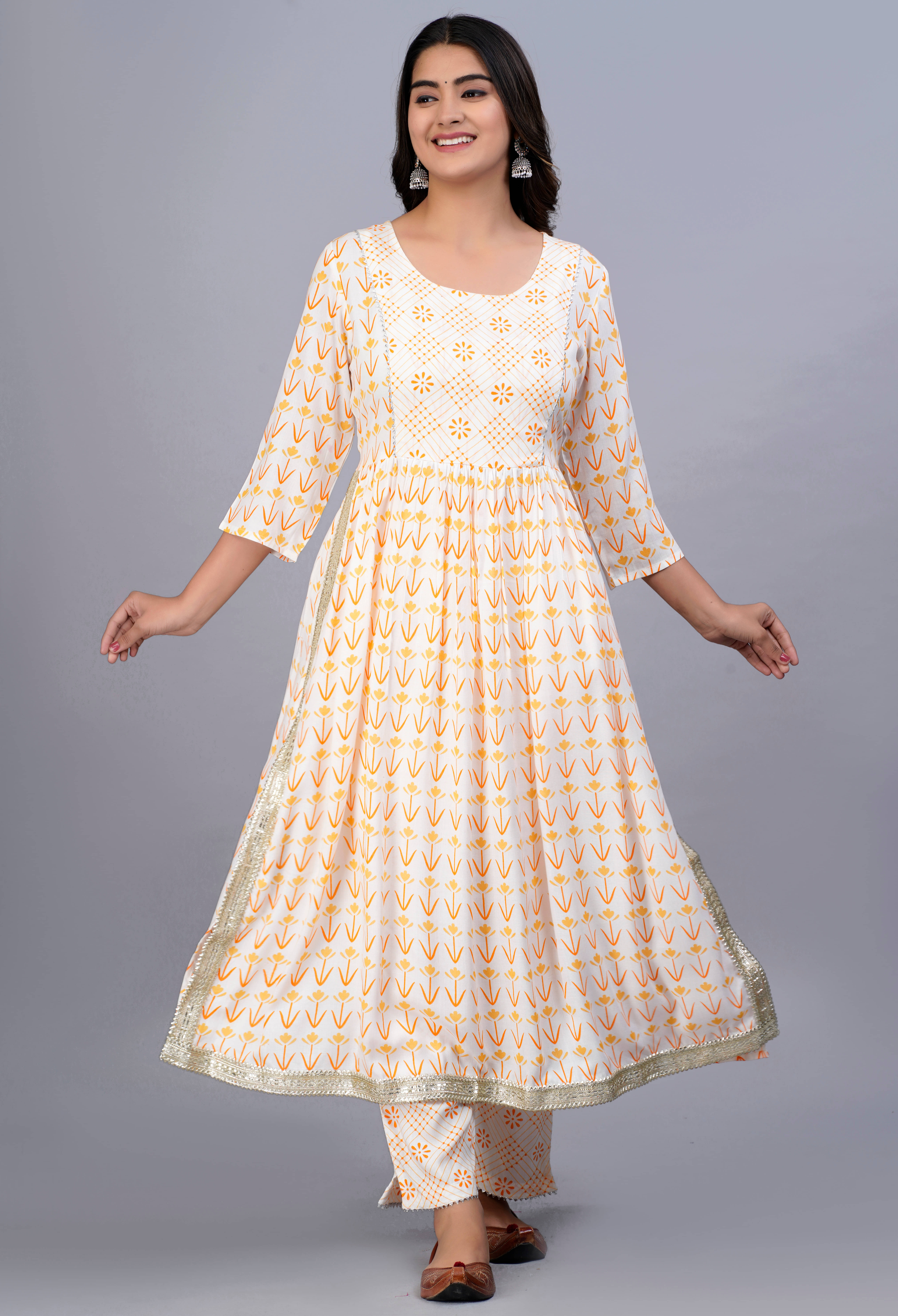    			Smien Rayon Printed Kurti With Pants Women's Stitched Salwar Suit - Yellow ( Pack of 1 )