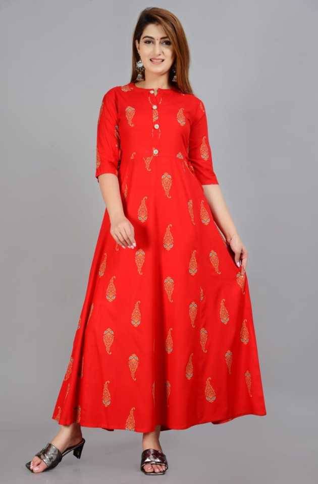 Smien Viscose Printed Anarkali Women's Kurti - Red ( Pack of 1 ) Smien Viscose Printed Anarkali Women's Kurti - Red ( Pack of 1 )