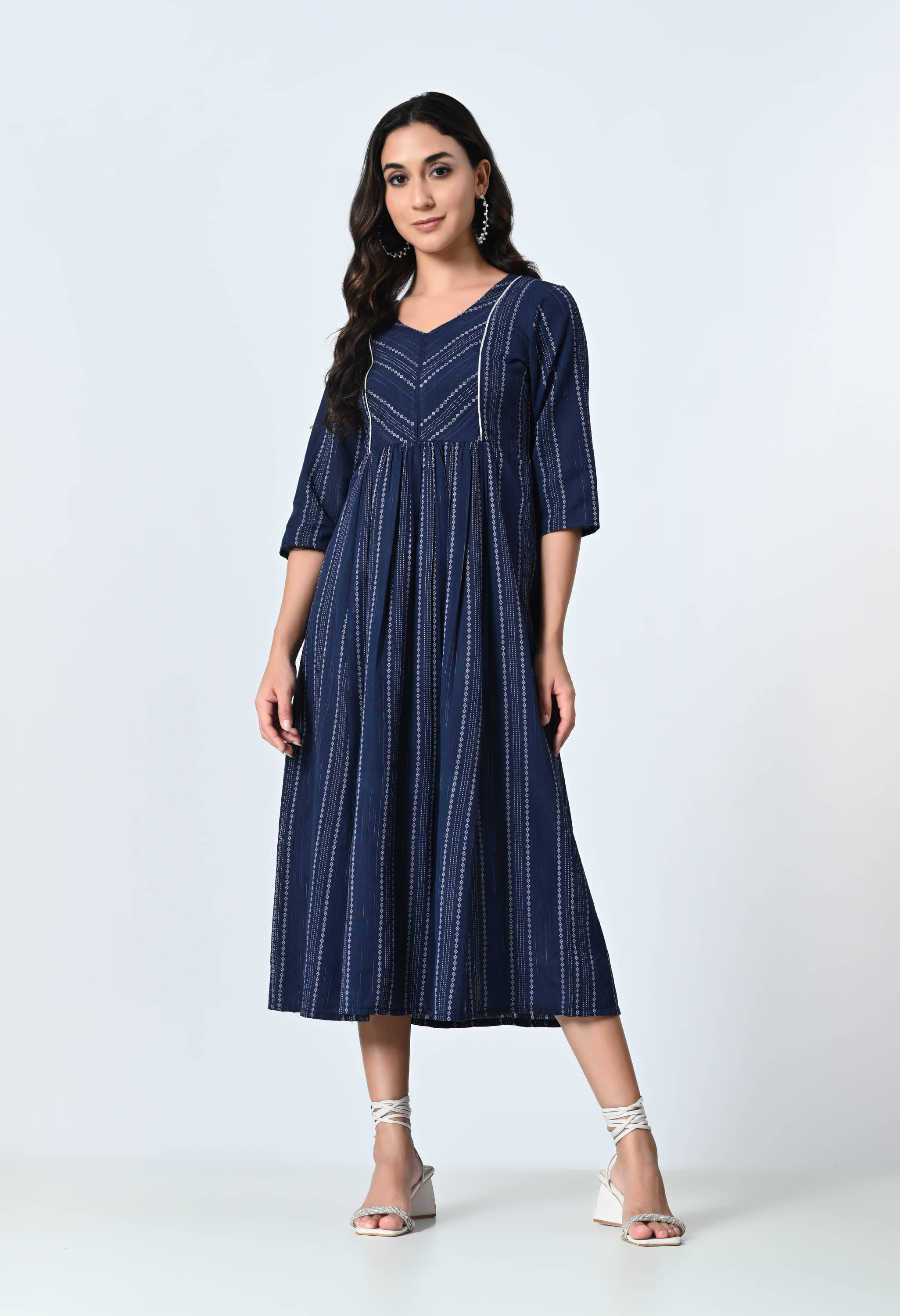 AMBI Cotton Blend Striped Midi Women's Fit & Flare Dress - Blue ( Pack of 1 )