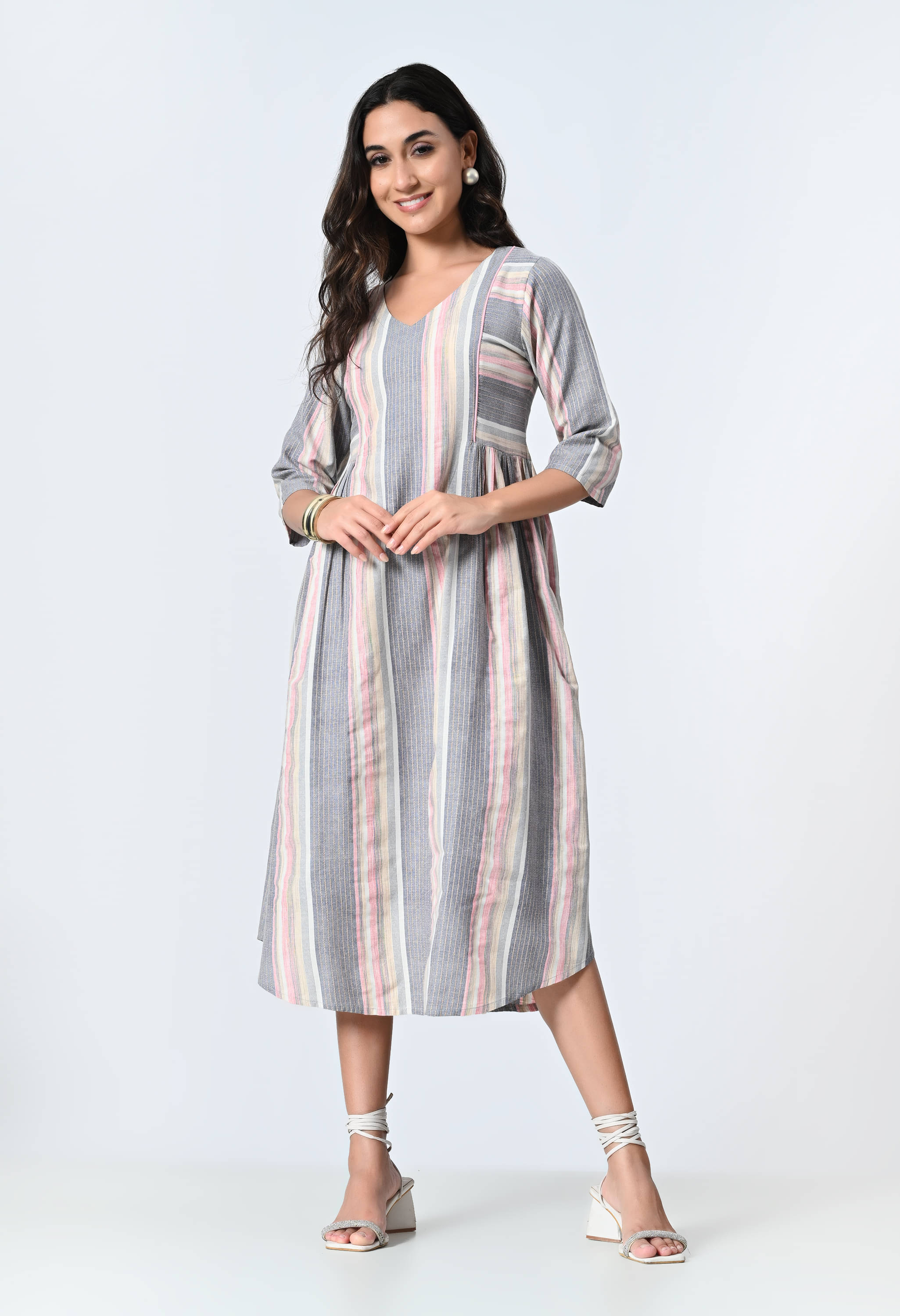 AMBI Cotton Blend Striped Midi Women's A-line Dress - Grey ( Pack of 1 ) AMBI Cotton Blend Striped Midi Women's A-line Dress - Grey ( Pack of 1 )