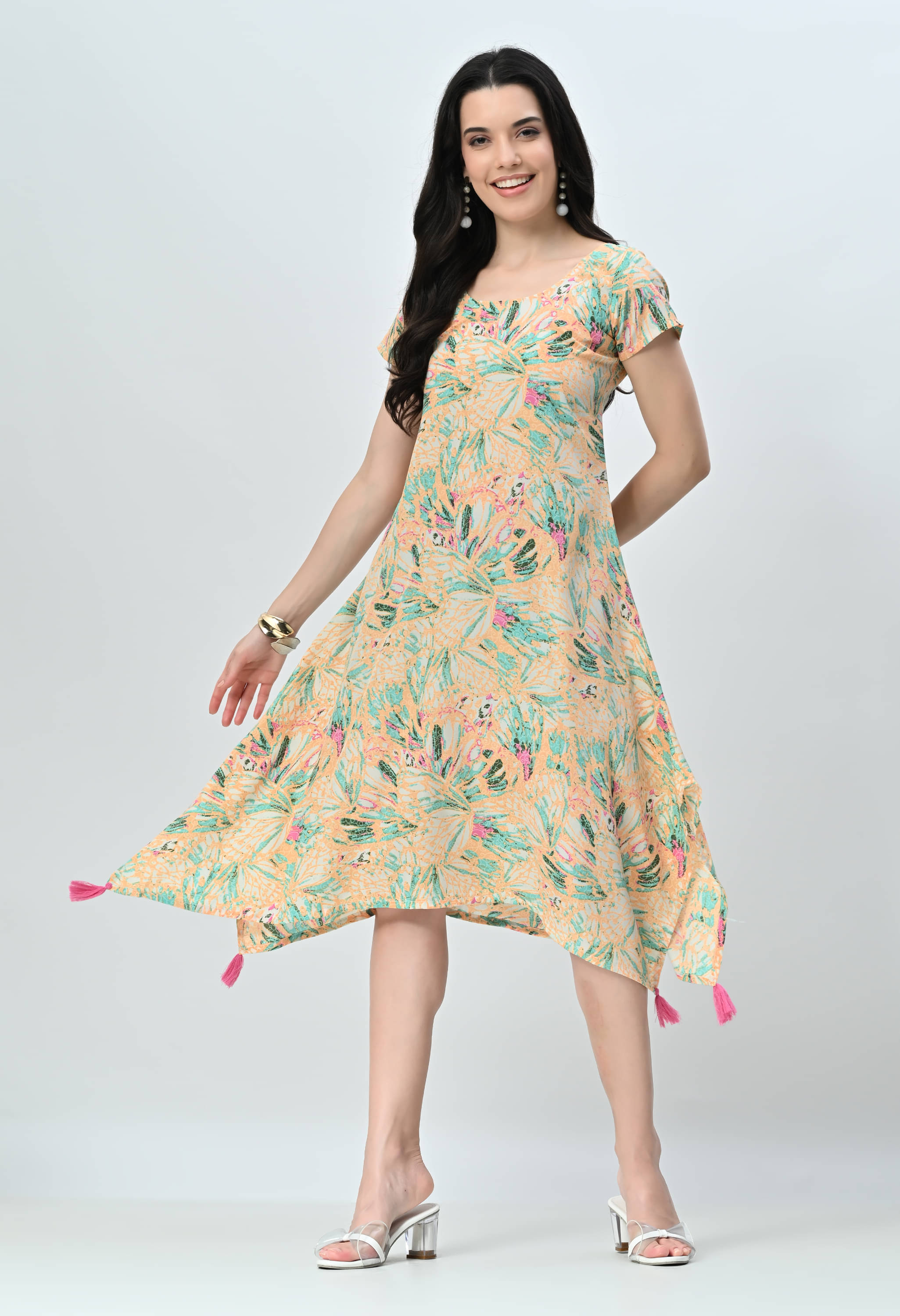 AMBI Women Silk Blend Printed A-line Dress ( Multicolor ) AMBI Women Silk Blend Printed A-line Dress ( Multicolor )