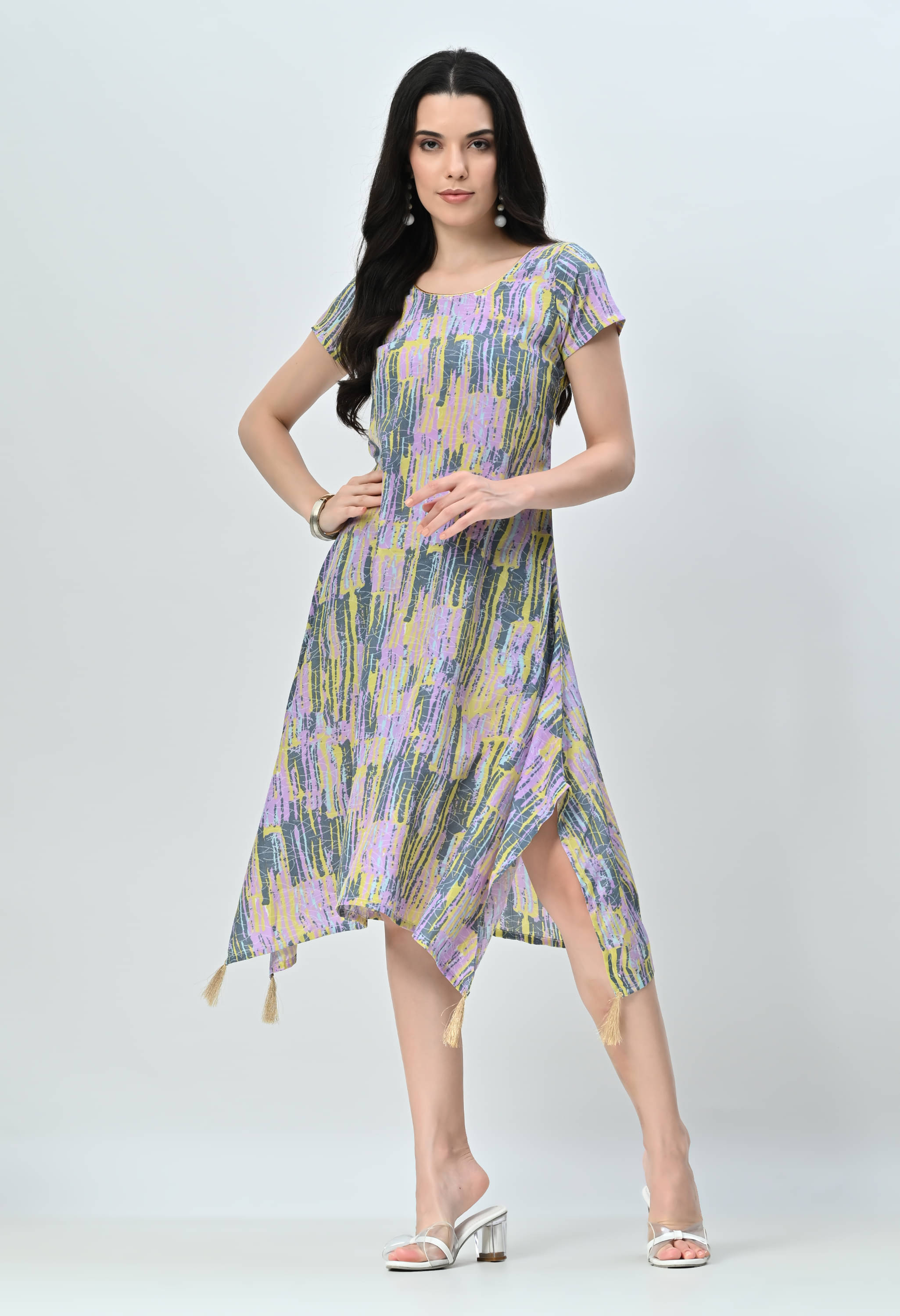 AMBI Women Silk Blend Printed A-line Dress ( Multicolor ) AMBI Women Silk Blend Printed A-line Dress ( Multicolor )