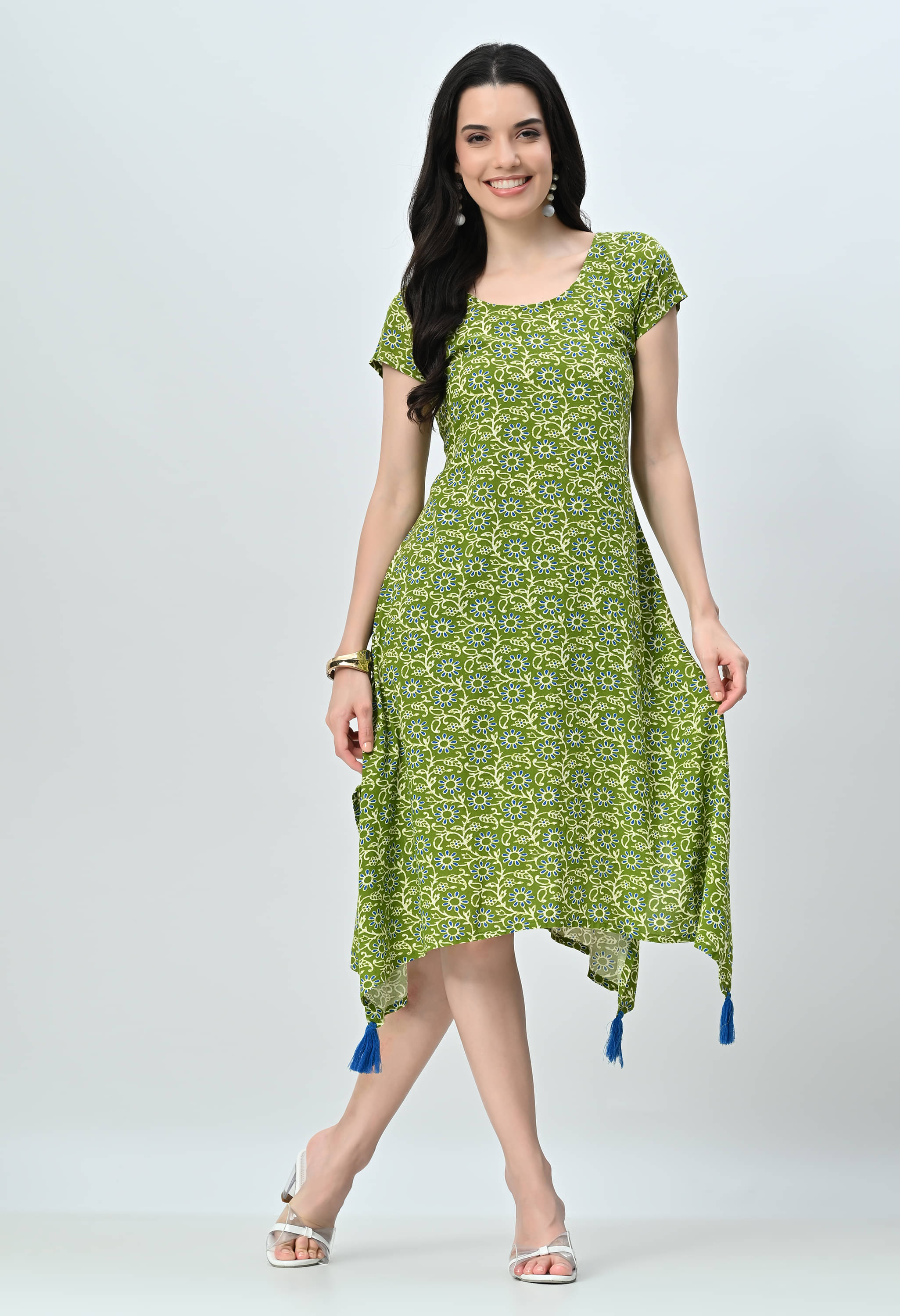 AMBI Women Viscose Printed A-line Dress ( Green ) AMBI Women Viscose Printed A-line Dress ( Green )