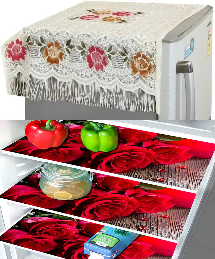     			Crosmo Polyester Floral Printed Fridge Mat & Cover ( 99 53 ) Pack of 4 - Multicolor