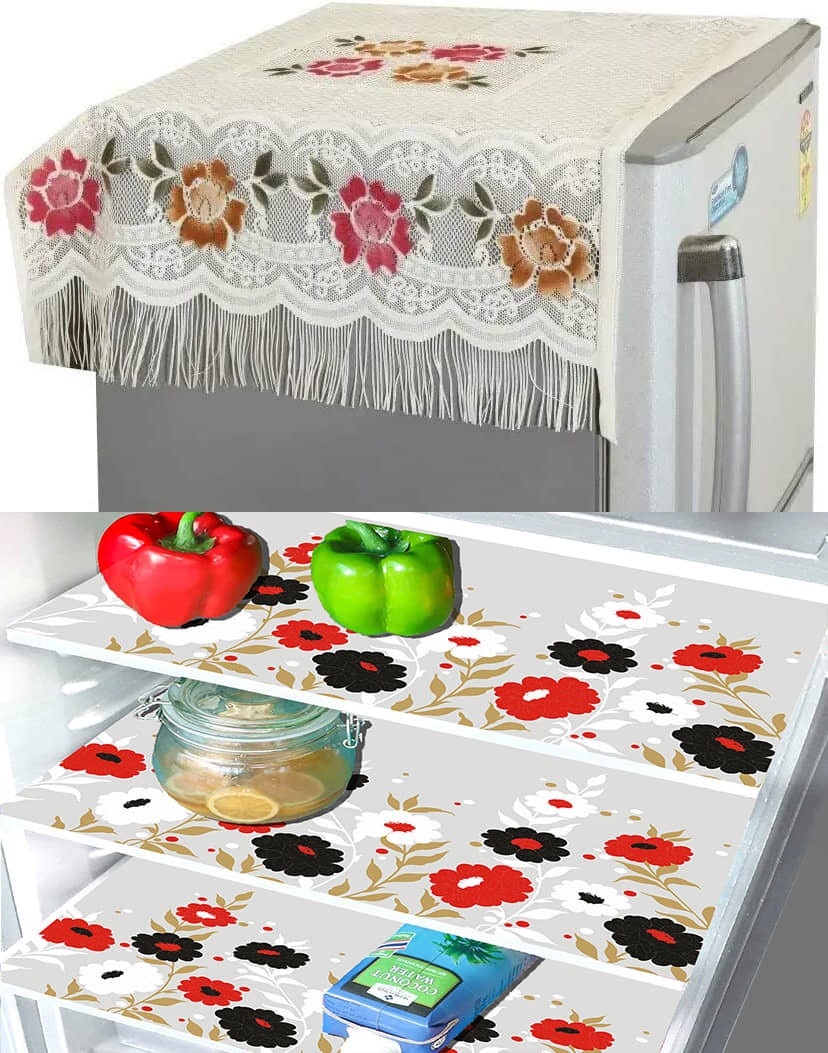 Crosmo Polyester Floral Printed Fridge Mat & Cover ( 99 53 ) Pack of 4 - Multicolor