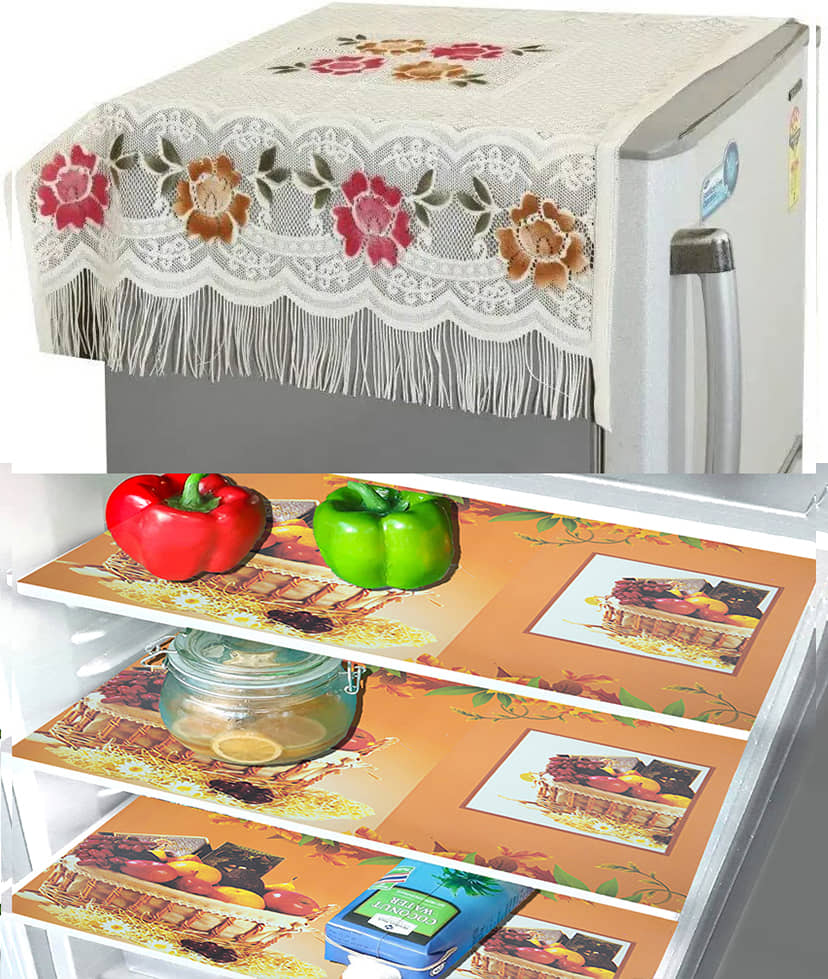 Crosmo Polyester Floral Printed Fridge Mat & Cover ( 99 53 ) Pack of 4 - Multicolor