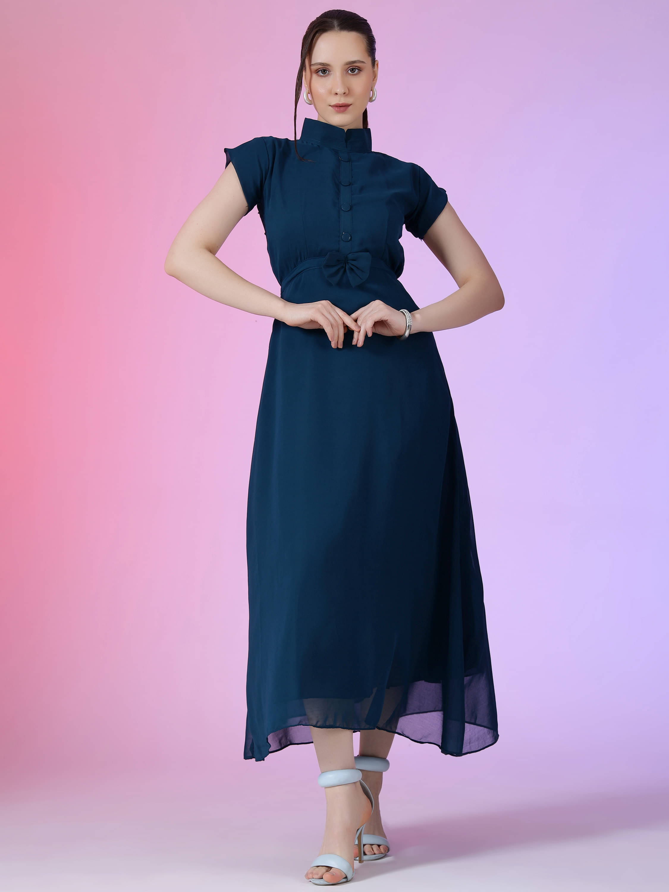     			RAIYANI FASHION Women Georgette Solid Fit & Flare Dress ( Blue )