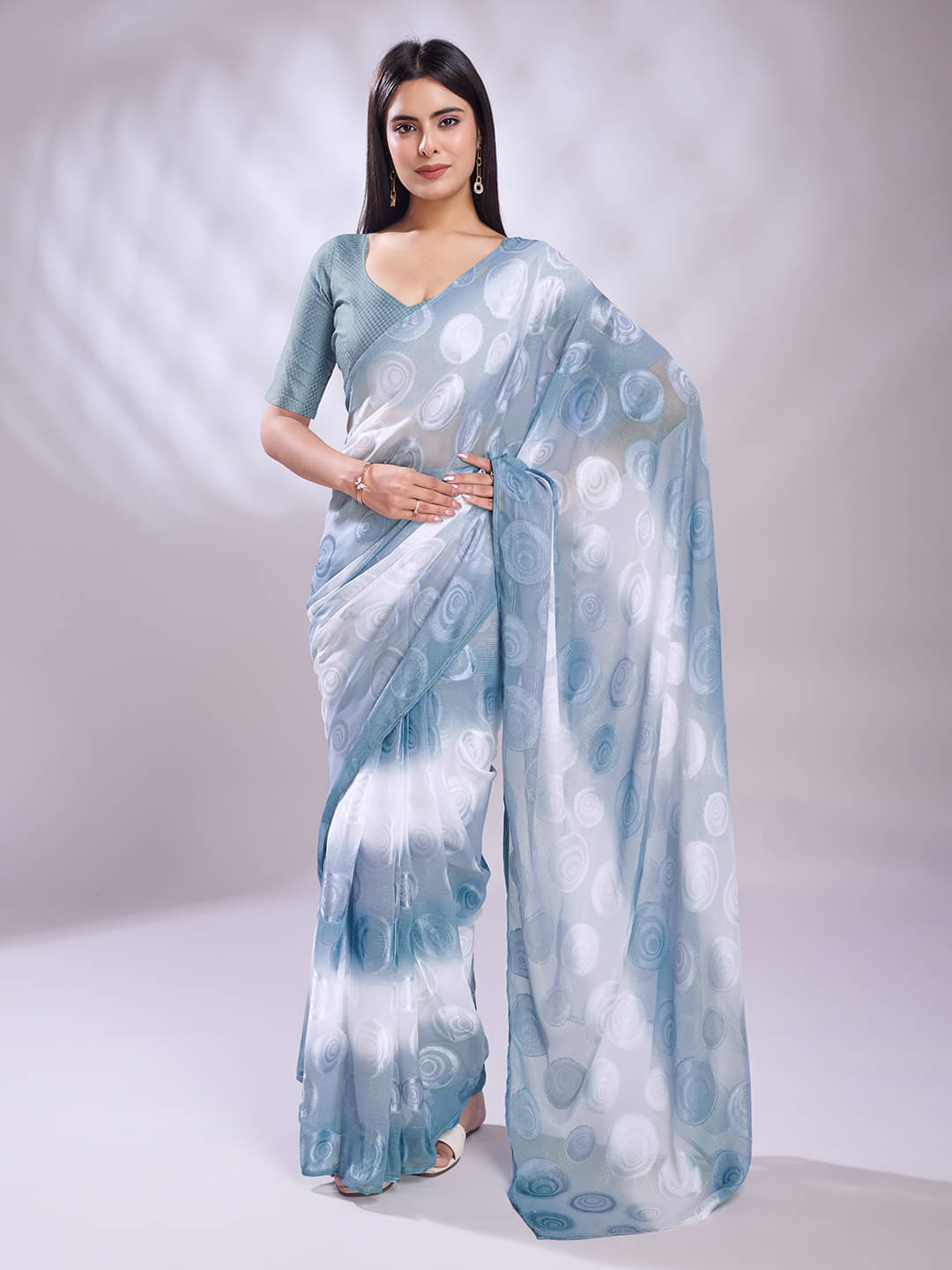     			Rekha Maniyar Crepe Printed Saree With Unstitched Blouse Piece ( SkyBlue )