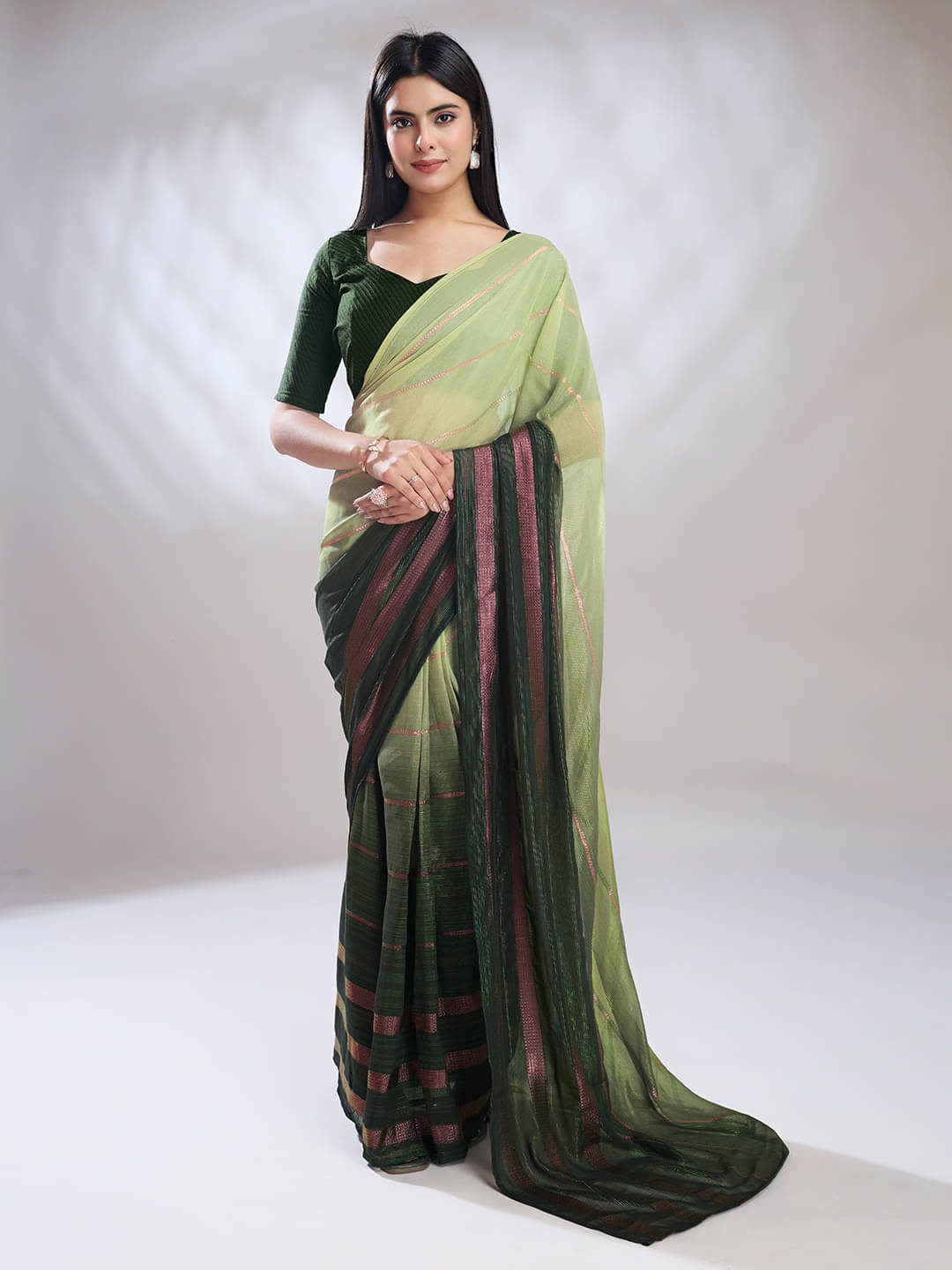 Rekha Maniyar Satin Striped Saree With Unstitched Blouse Piece ( Green ) Rekha Maniyar Satin Striped Saree With Unstitched Blouse Piece ( Green )