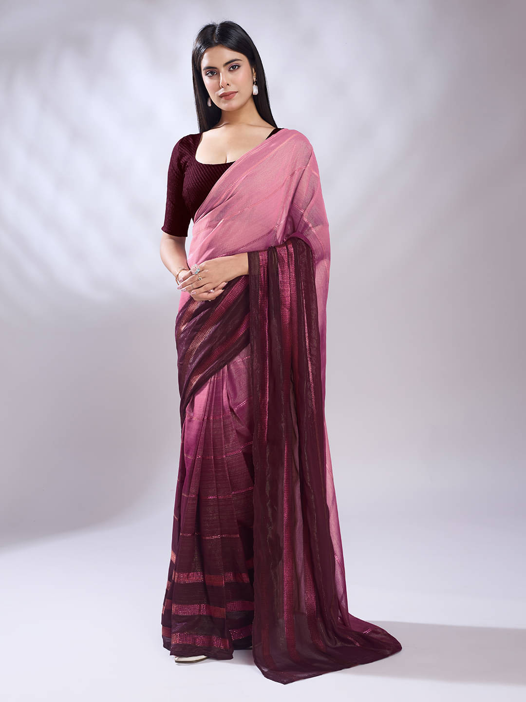     			Rekha Maniyar Satin Striped Saree With Unstitched Blouse Piece ( Pink )