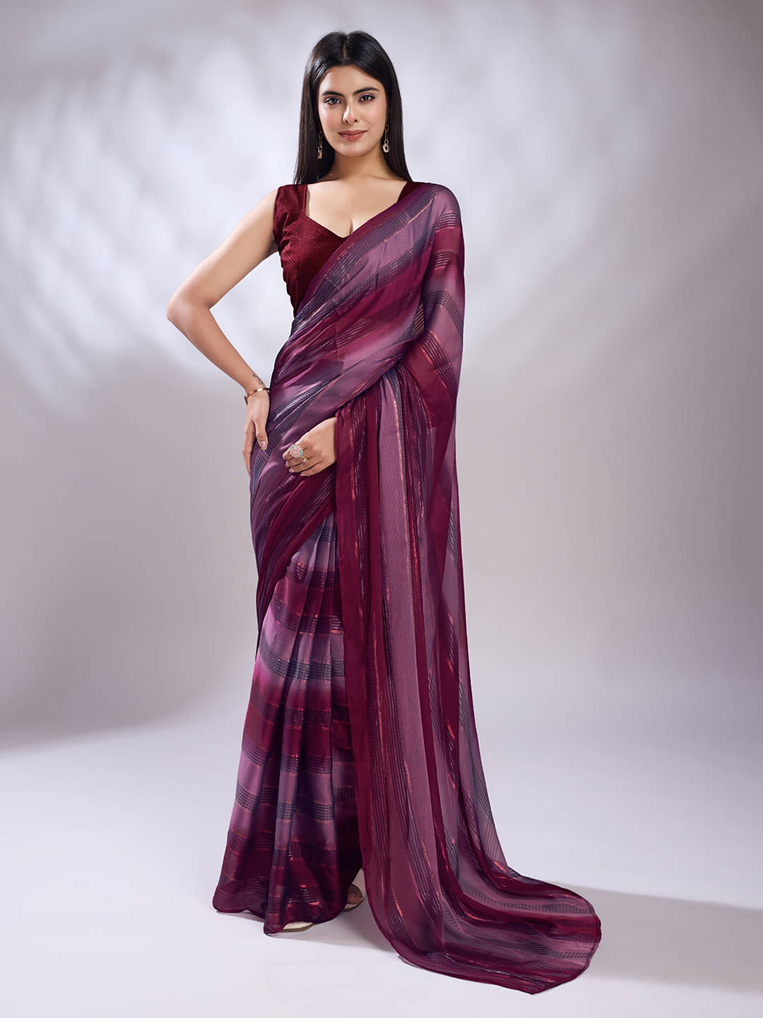     			Rekha Maniyar Satin Striped Saree With Unstitched Blouse Piece ( Pink )