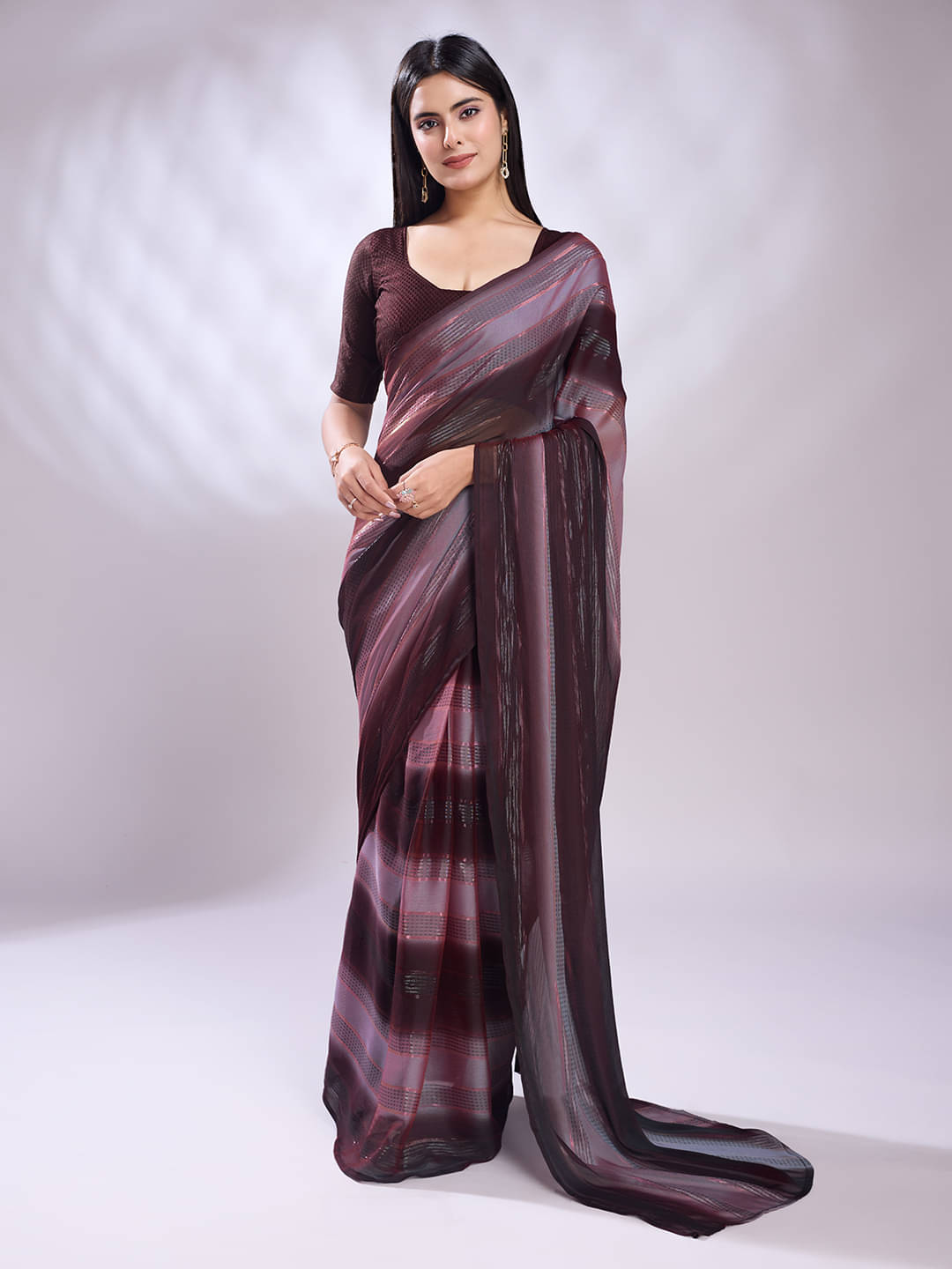 Rekha Maniyar Satin Striped Saree With Unstitched Blouse Piece ( Wine ) Rekha Maniyar Satin Striped Saree With Unstitched Blouse Piece ( Wine )