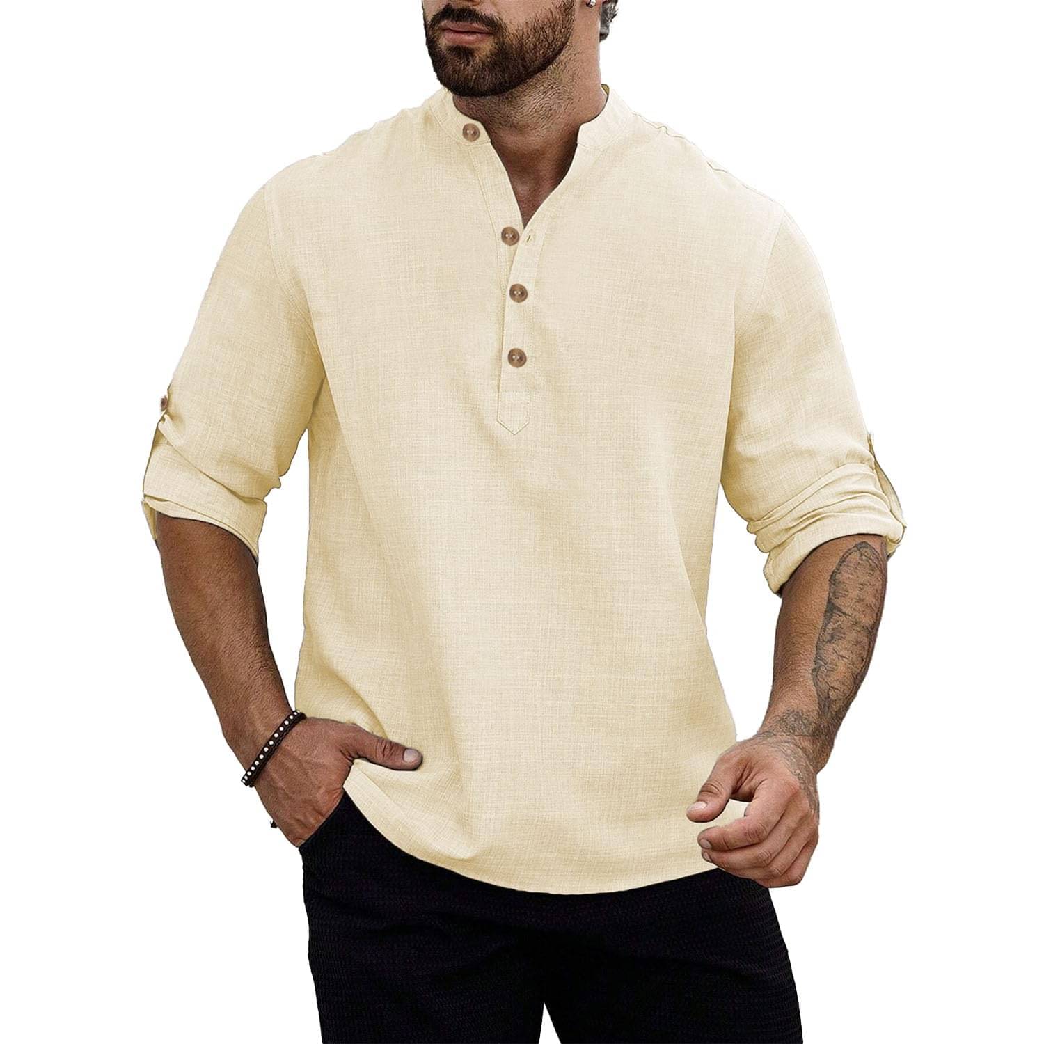     			UNI VIBE Beige Cotton Men's Shirt Style Kurta ( Pack of 1 )