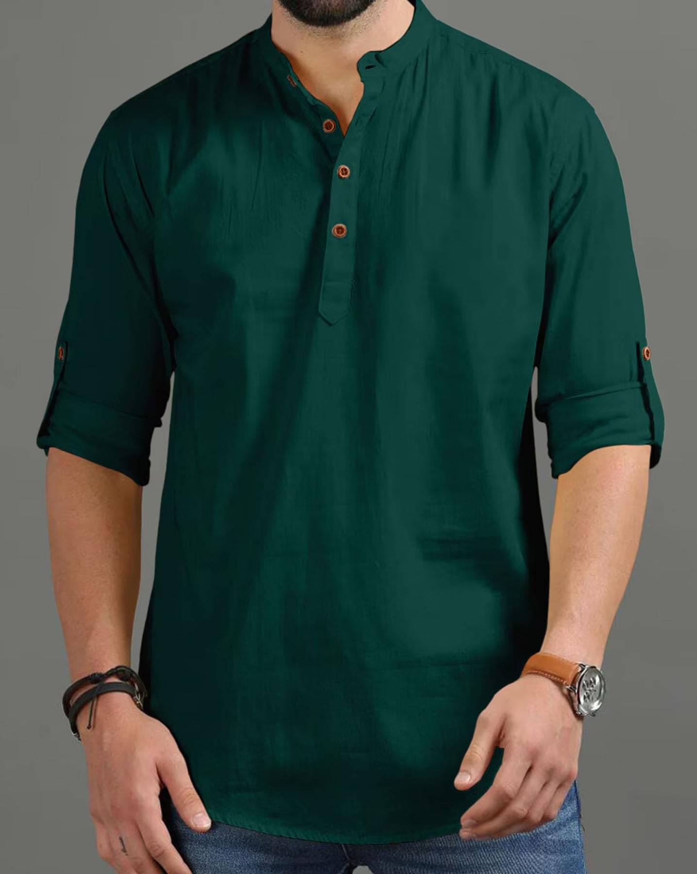     			UNI VIBE Dark Green Cotton Men's Shirt Style Kurta ( Pack of 1 )