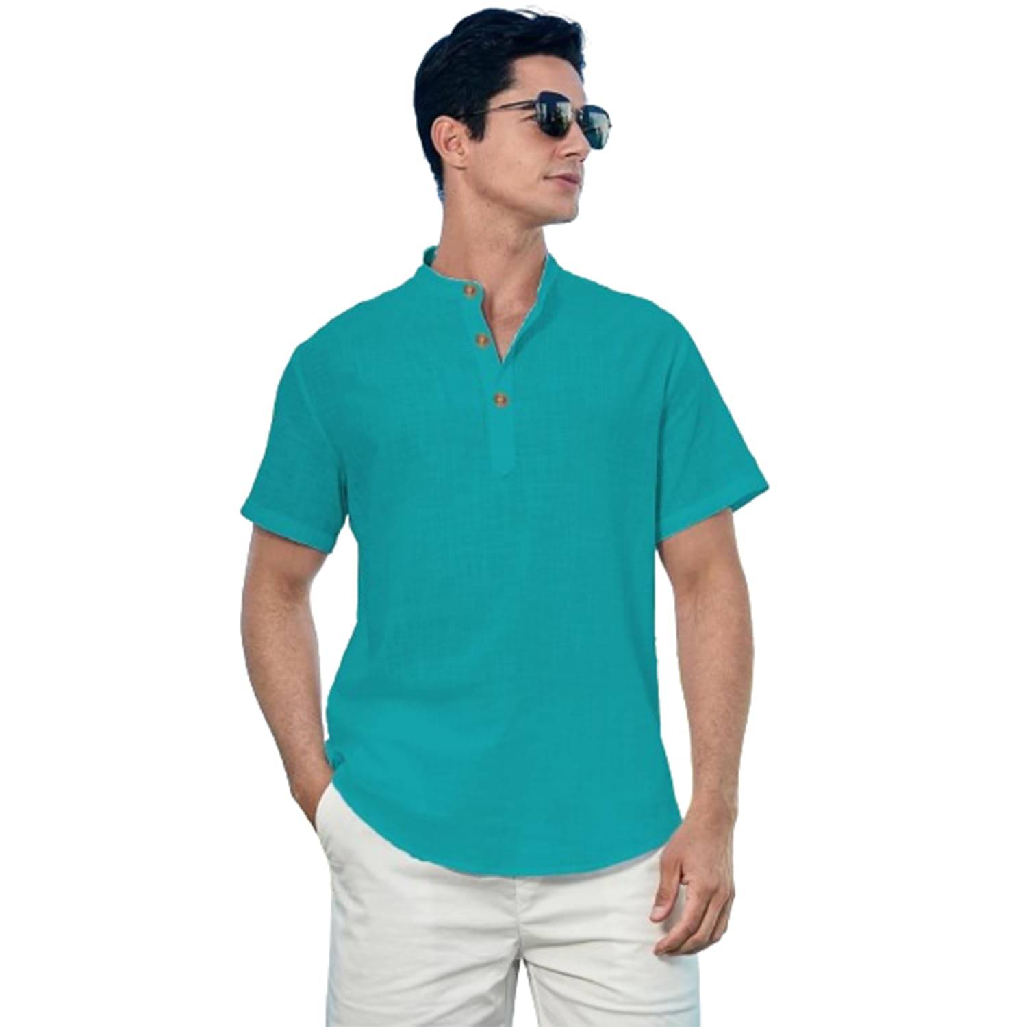 UNI VIBE Turquoise Cotton Men's Shirt Style Kurta ( Pack of 1 )     			UNI VIBE Turquoise Cotton Men's Shirt Style Kurta ( Pack of 1 )