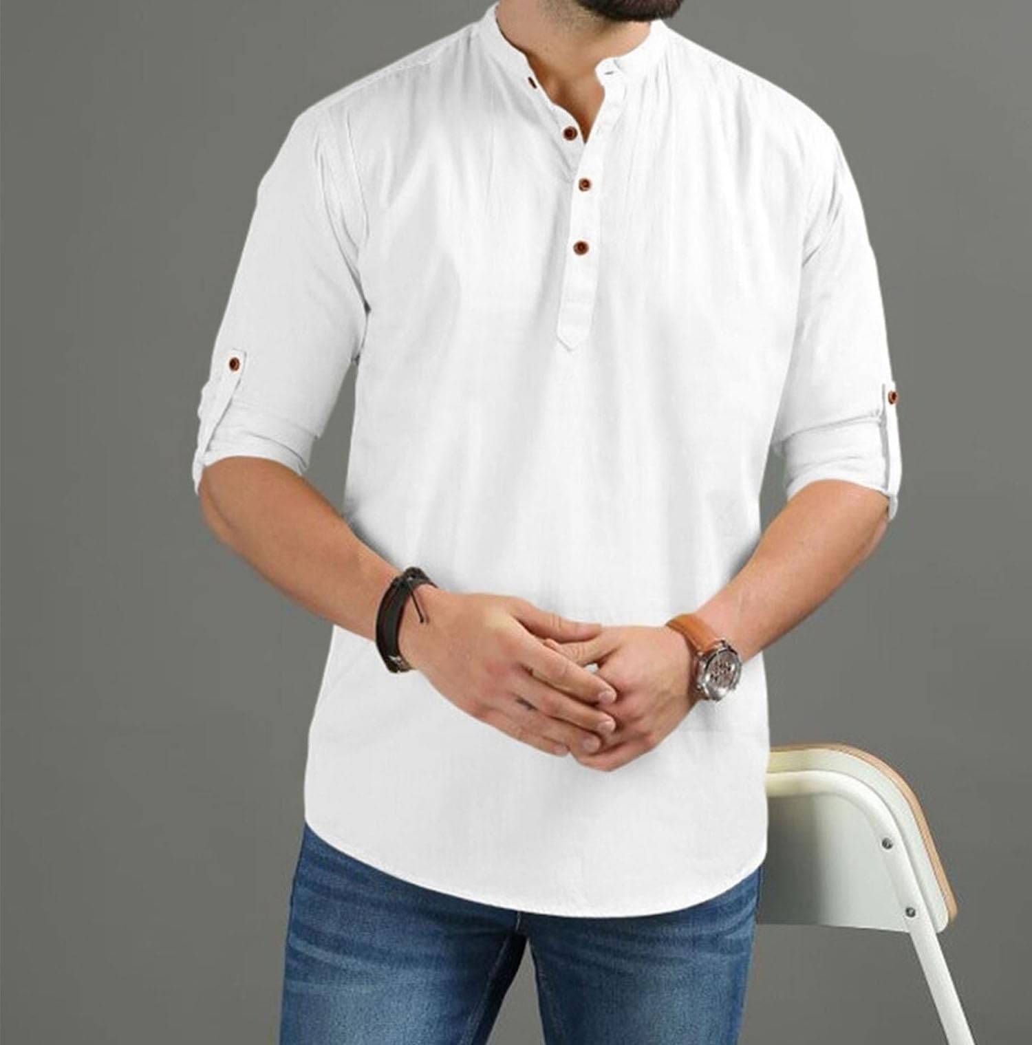     			UNI VIBE White Cotton Men's Shirt Style Kurta ( Pack of 1 )