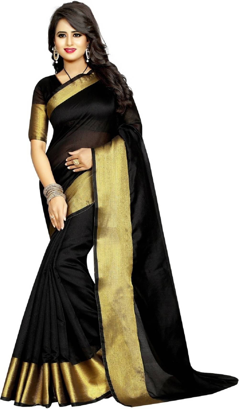 Alka Fashion Cotton Solid Saree With Unstitched Blouse Piece ( Black ) Alka Fashion Cotton Solid Saree With Unstitched Blouse Piece ( Black )