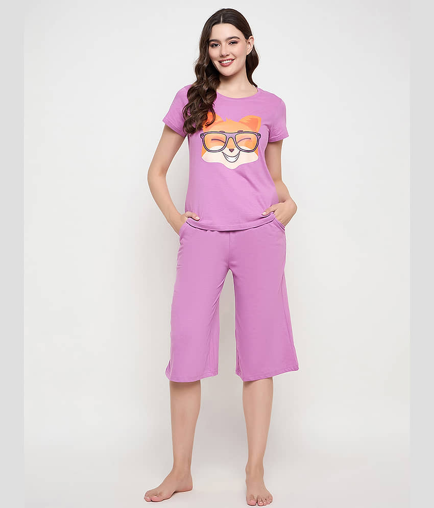 Clovia Purple Cotton Women's Nightwear Night Capris ( Pack of 1 ) - Nightwear & Loungewear | Buy online on ZillyBuy