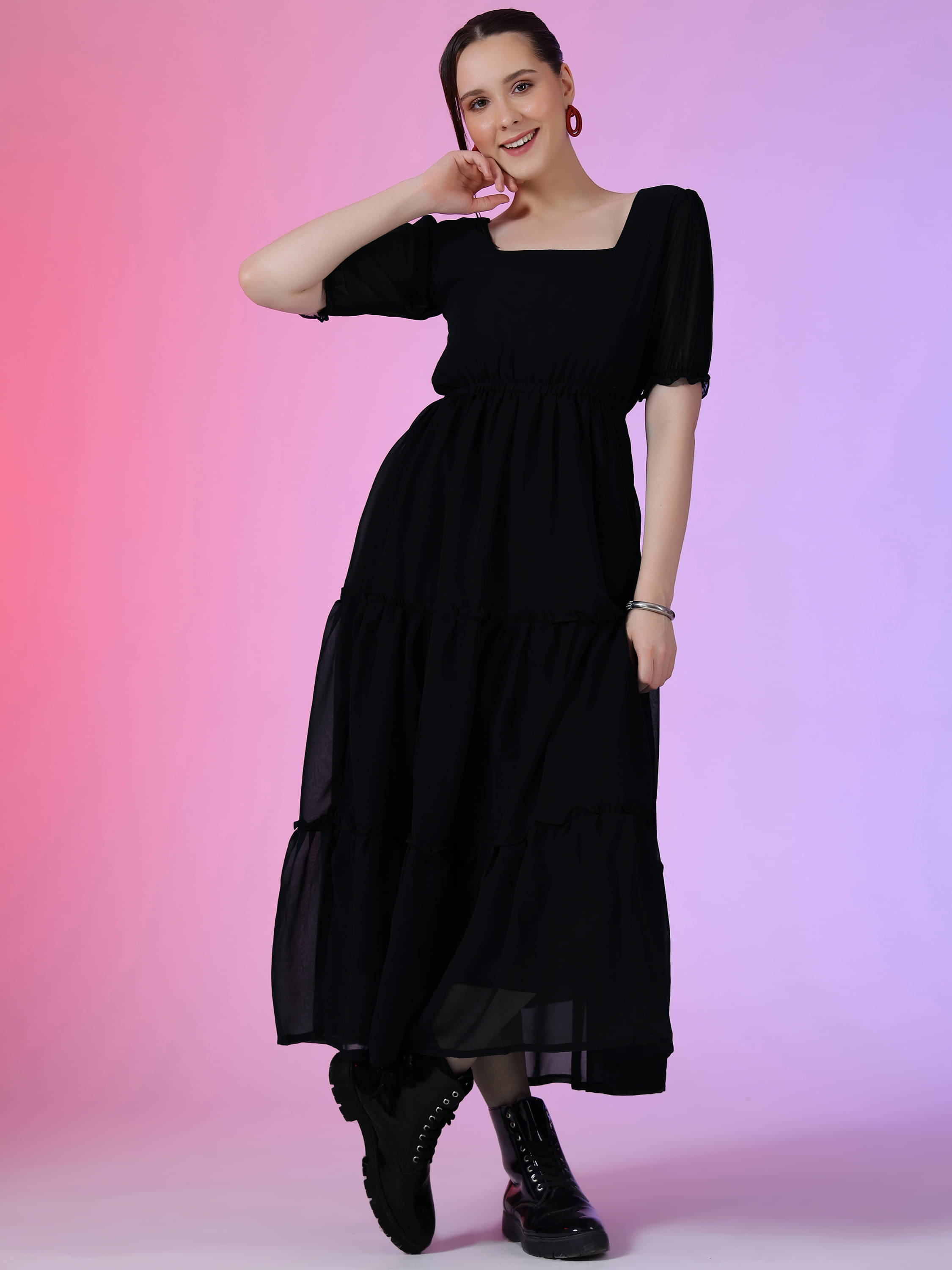JASH CREATION Women Georgette Solid Fit & Flare Dress ( Black ) JASH CREATION Women Georgette Solid Fit & Flare Dress ( Black )
