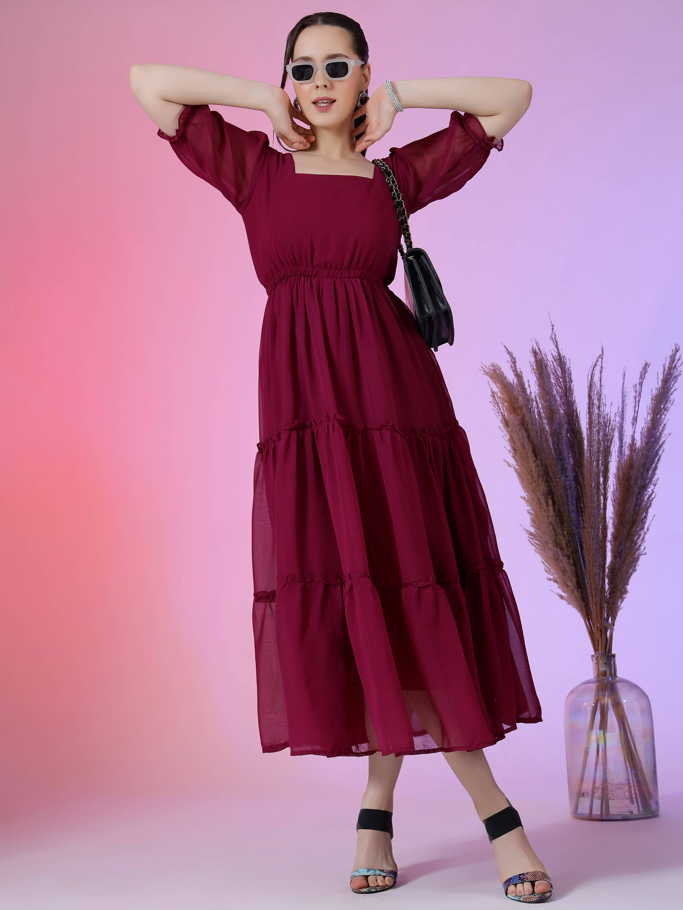 JASH CREATION Women Georgette Solid Fit & Flare Dress ( Purple ) JASH CREATION Women Georgette Solid Fit & Flare Dress ( Purple )