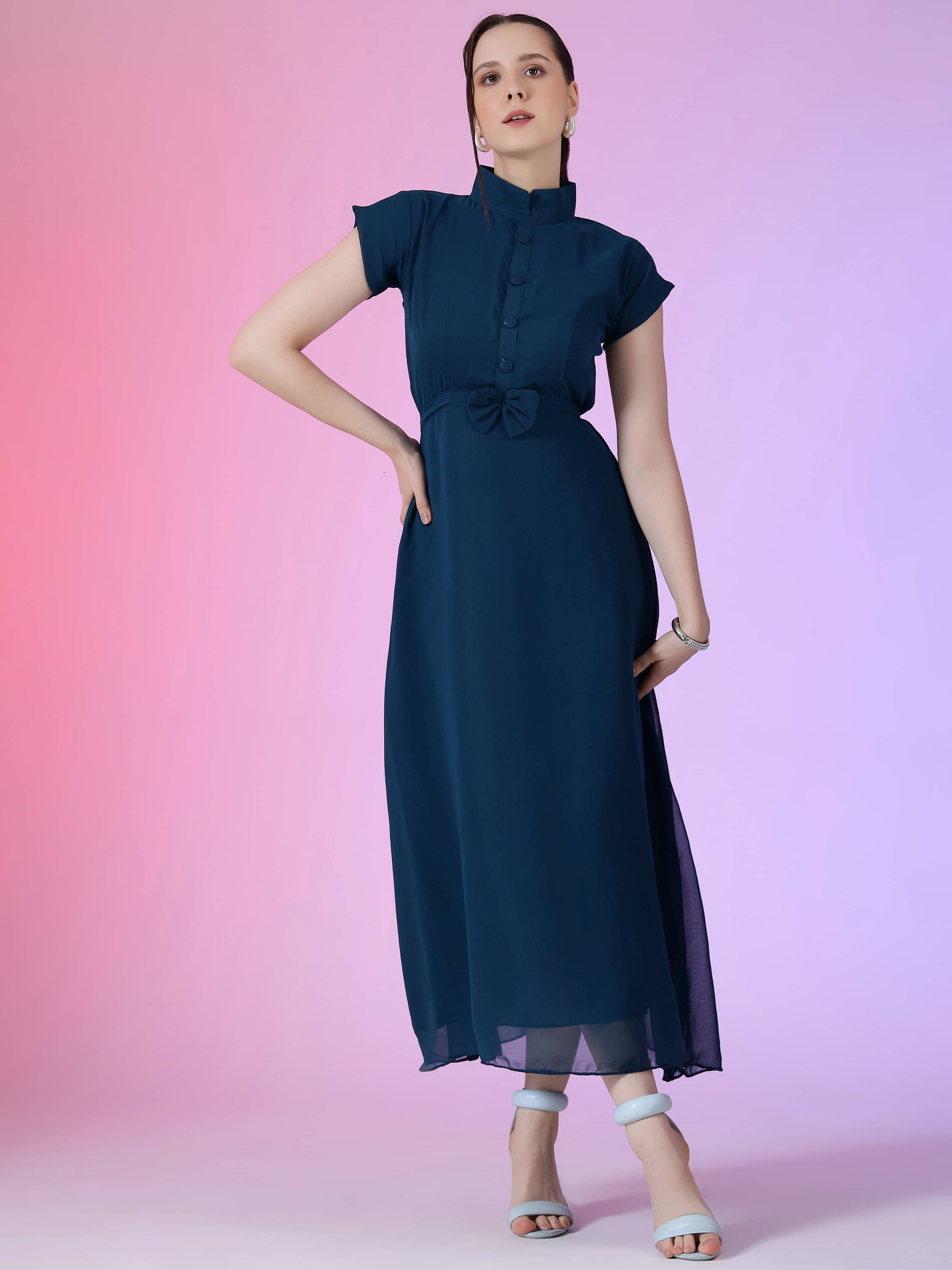 JASH CREATION Women Georgette Solid Fit & Flare Dress ( Blue ) JASH CREATION Women Georgette Solid Fit & Flare Dress ( Blue )