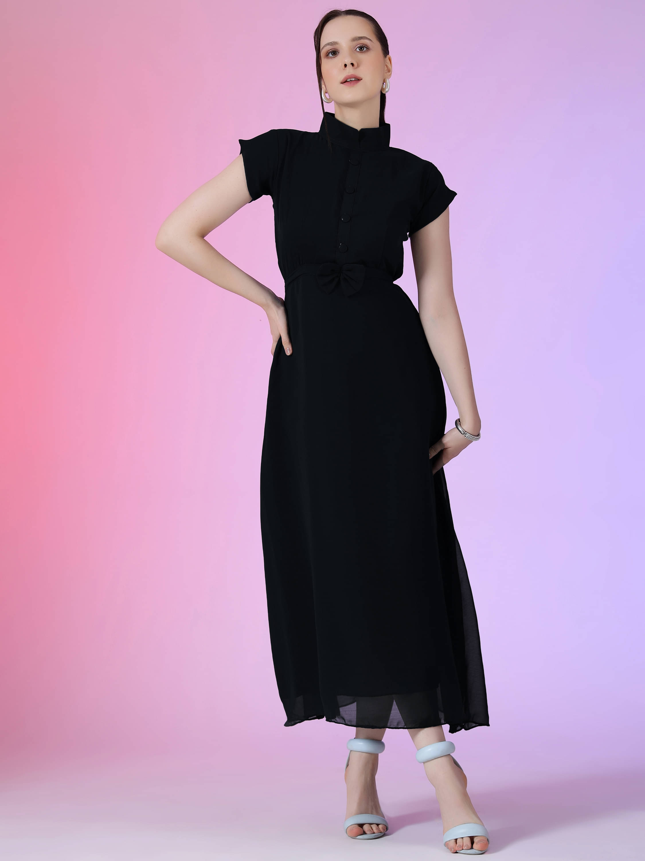 JASH CREATION Women Georgette Solid Fit & Flare Dress ( Black ) JASH CREATION Women Georgette Solid Fit & Flare Dress ( Black )