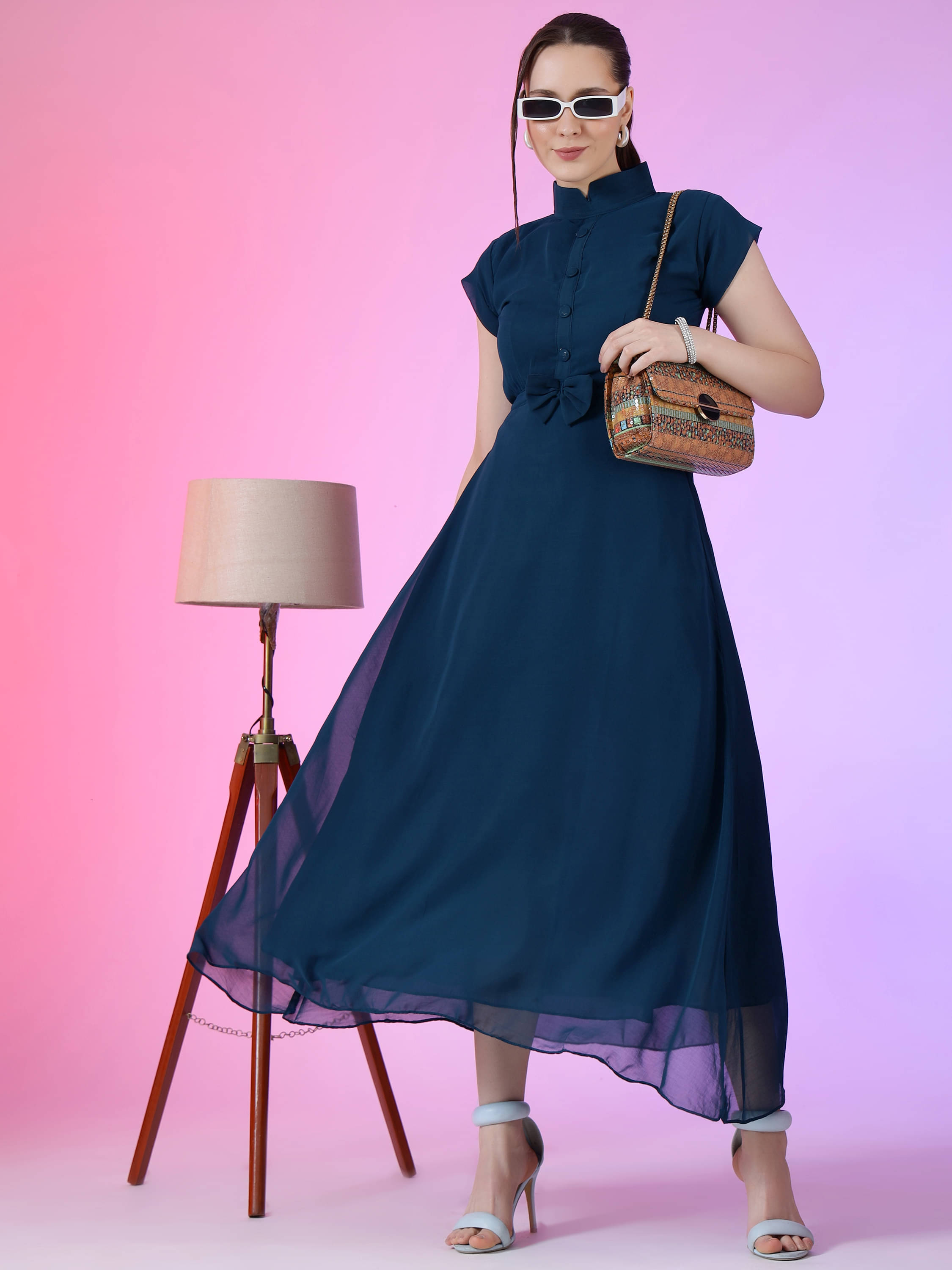 JASH CREATION Women Georgette Solid Fit & Flare Dress ( Blue ) JASH CREATION Women Georgette Solid Fit & Flare Dress ( Blue )